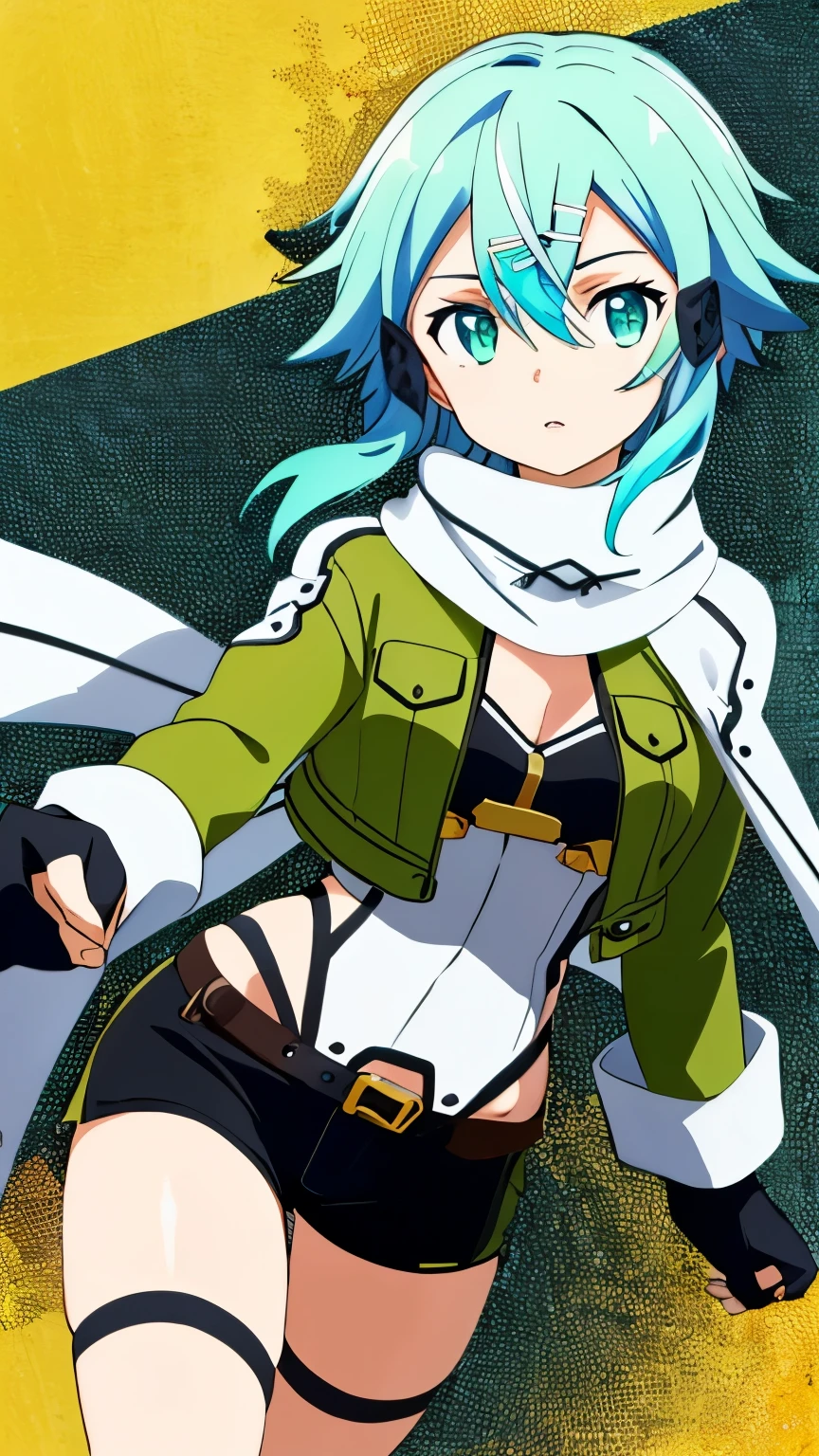 (Top Quality, Masterpiece, 8k:1.2), Ultra Detailed, High Resolution, Anime, 1 Girl, Solo, EPsoaSinon, Short Hair, Light Blue Hair, Detailed Jewel Eyes, Hair Between Eyes, (Hair Accessory:1.2), Hair Clip, Side Locks, Green Jacket, Black Footwear, Black Gloves, Black Shorts, Fingerless Gloves, Gloves, Green Legwear, Jacket, Long Sleeves, Open Jacket, Scarf, Short Hair With Long Hair, Short Shorts, Shorts, White Scarf, dynamic Angle, Cowboy Shot,looking at viewer,