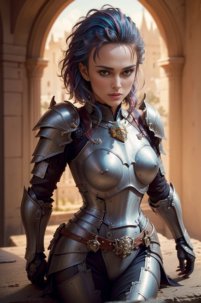 Kiera Knightley, brut, belle femme, ((portrait)), ((detailed face, colorful rainbow hair:1.2)), ((detailed facial feature, detailed skin, peau propre, parted lips), (corps parfaitement proportionné, seins moyens, clivage), (portant une élégante armure dorée, full armor: 1.5)), armure d'or avec beaucoup de détails, Sculpted Armor, (high detailed castle: 1.3), (Realistic photo, Best quality, detailed), (Fond d'écran 8K), (Cinematic lighting, Dramatic lighting) (Sharpness, Complexe)