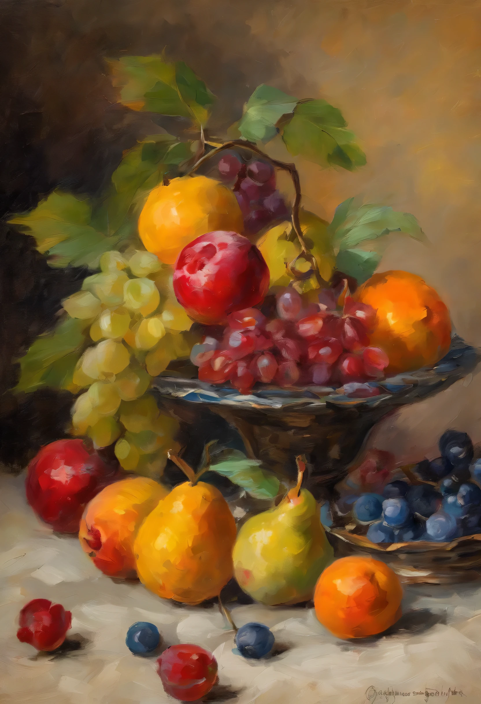 Still life print of vintage fruit painting, pintura antigua, painting from the year 1880