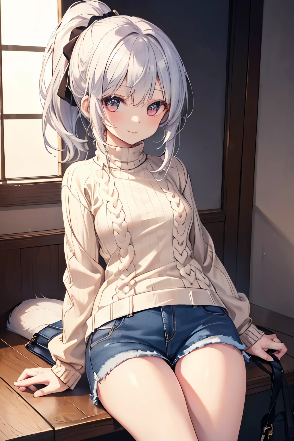 Silver Hair、Red Eye、Fox Ears、girl、Small breasts、ponytail、girl、Small breasts、Lolita、Bright smile、Looks about 、Petan Musume、short、目のhighlight、Sexy thighs、(Long knit sweater with beige high neck:1.4), ,(Blue jeans fabric shorts),(Black boots)、(Small Black Enamel Bag)、Your eyes are so beautiful、highlight