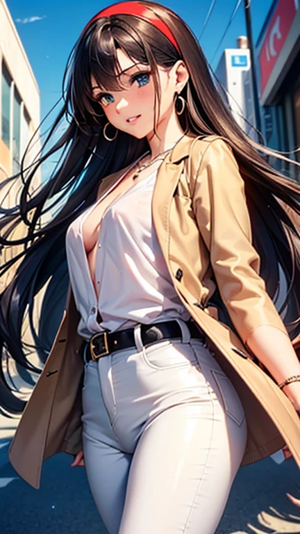 A girl is posing for a photo, cute女の子, Enchanting girl, Anime Girls,
(((One Girl, Baby Face, cute, 16 years old))),
(Black under a red trench coatVNeck shirt、White skinny pants、Black High Heels), (Round blue gemstone earrings、Silver Necklace、White Headband),
BREAK
(Beautiful Hair, Shiny Hair), (Black Hair、Forehead、Hair blowing in the wind、Straight Long Hair),
(Expression of fine eyes, Beautiful and delicate eyes, Sparkling eyes, Eye Reflexes), (black eye),
double eyelid, Long eyelashes,
(Beautiful Nose,Thin Nose),
(Glossy lips, Beautiful Lips, Thick lips),
(Symmetrical facial features, Perfect Face), (((Detailed skin, Oily skin, Textured skin, Beautiful Skin))),
break
(smile),
(noon、(Sunshine、bustling street、Shopping mall)), ((Walking、from side、Cowboy Shot)),
break
(((highest quality)), ((masterpiece)), (Very detailed), (High resolution), (Beautiful sparkle), (High detail), (Anatomically correct)), ((Realistic)),
(The best CG), Highly detailed art, CG illustration, (16k, 1080p), ((Line art)),