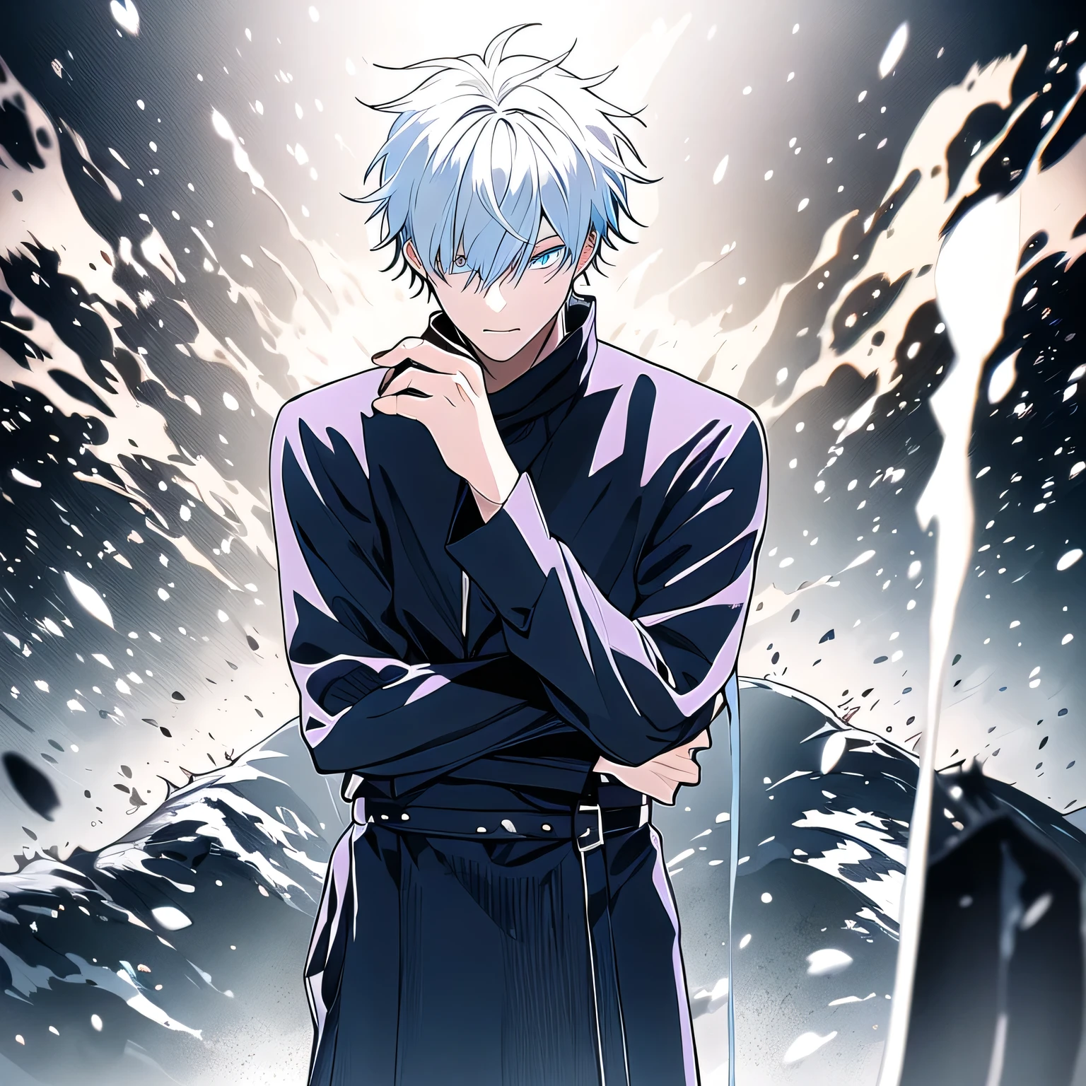 "Standing in a high-resolution fantasy landscape、Create an illustration of a young man with a modern fashion sense。He is a character inspired by Gojo Satoru.、It has the following features:：

The young man is tall、has a slim figure。
His hair is silver、Her bangs are slightly longer and hang down to cover part of her forehead.。
Her eyes are bright blue.、His gaze was sharp.、He has charisma that draws people in.。
Choose modern and stylish clothing、Wearing a black coat or jacket。
The young man is standing in a relaxed position、It gives off a sense of calm confidence rather than intimidation.。
In the background is a cityscape where modern and traditional styles blend together.、It reminds me of the world of magic.。
Based on this depiction、Create a unique character image inspired by Gojo Satoru。"