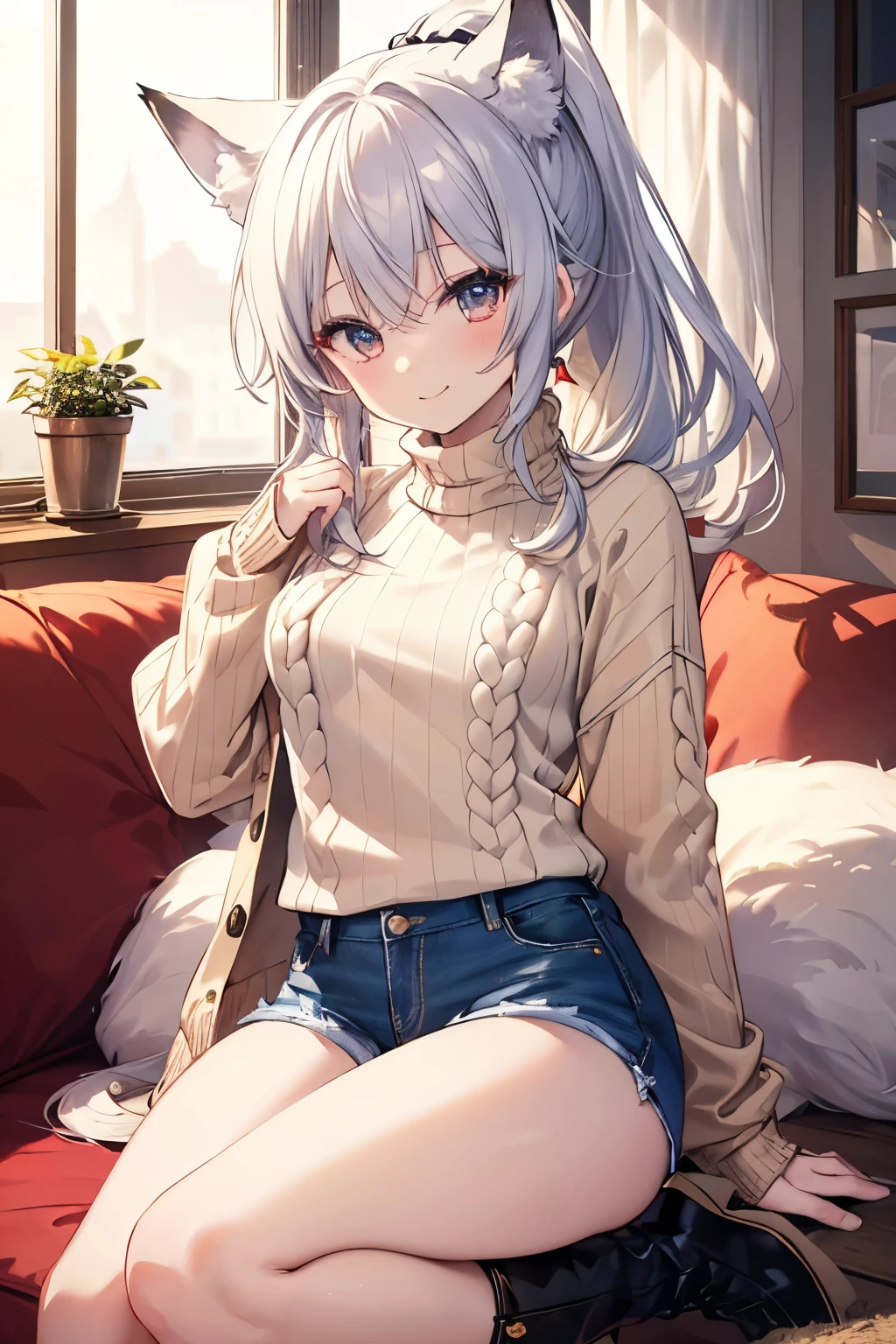 Silver Hair、Red Eye、Fox Ears、girl、Small breasts、ponytail、girl、Small breasts、Lolita、Bright smile、Looks about 、Petan Musume、short、目のhighlight、Sexy thighs、(Long knit sweater with beige high neck:1.4), ,(Blue jeans fabric shorts),(Black boots)、(Small Black Enamel Bag)、Your eyes are so beautiful、highlight