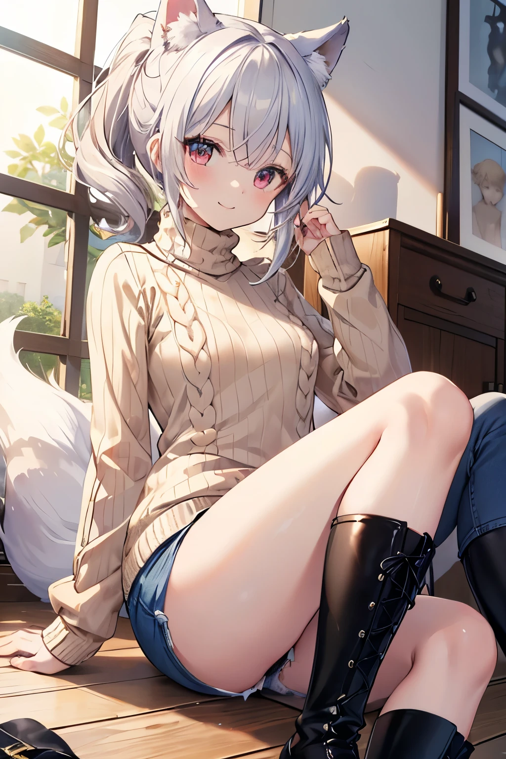 Silver Hair、Red Eye、Fox Ears、girl、Small breasts、ponytail、girl、Small breasts、Lolita、Bright smile、Looks about 、Petan Musume、short、目のhighlight、Sexy thighs、(Long knit sweater with beige high neck:1.4), ,(Blue jeans fabric shorts),(Black boots)、(Small Black Enamel Bag)、Your eyes are so beautiful、highlight