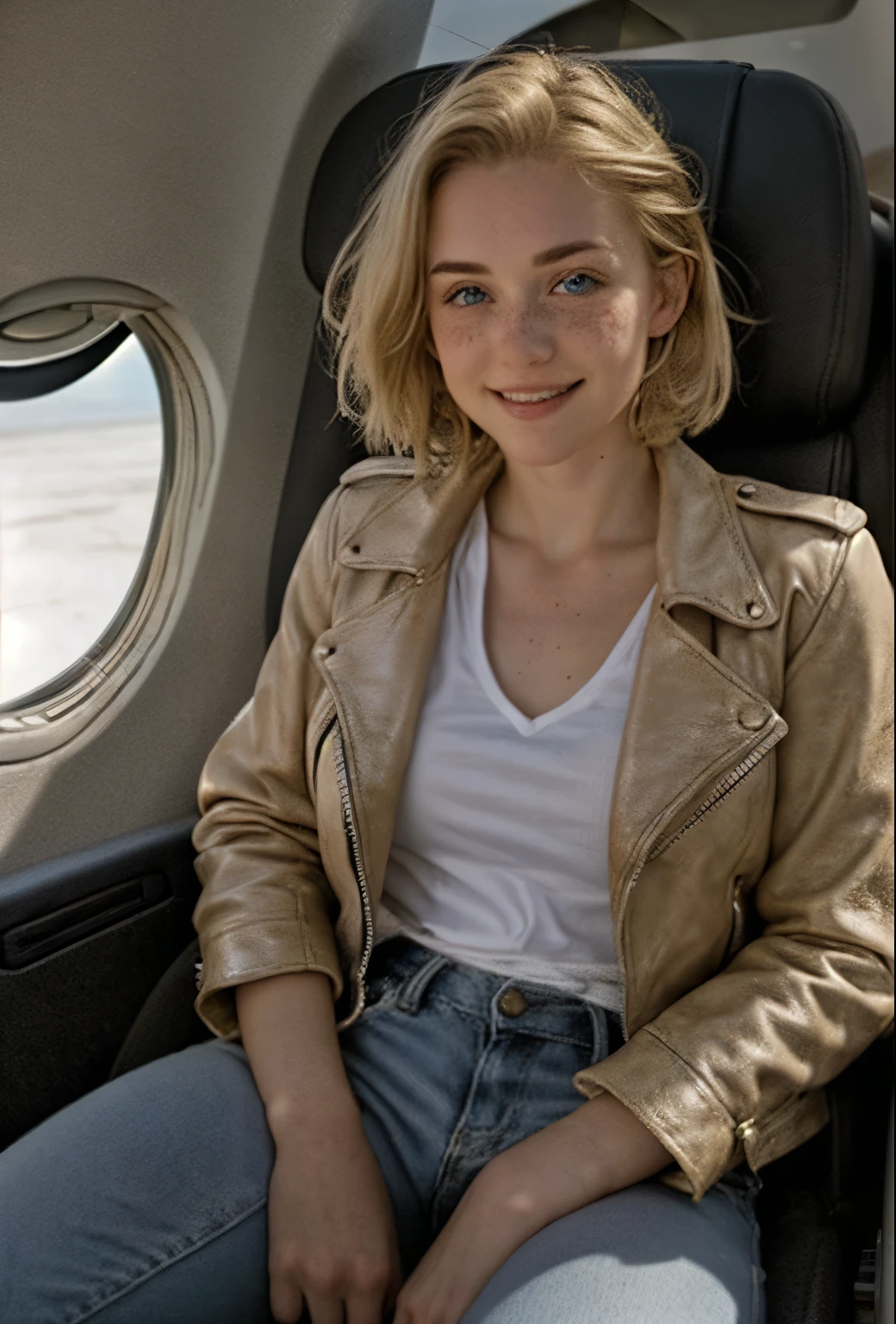 A 21-year-old girl named Kate, with short blonde hair, beautiful medium breasts, height of 1.60m, white British style, light blue eyes. Kate is beautiful, with an angelic face, and has freckles in the nose area. She is wearing a beige leather women's jacket with a white shirt, very light jeans, and white sneakers. Kate is sitting in an airplane seat, looking slightly to the side, facing the camera. Kate is happy.