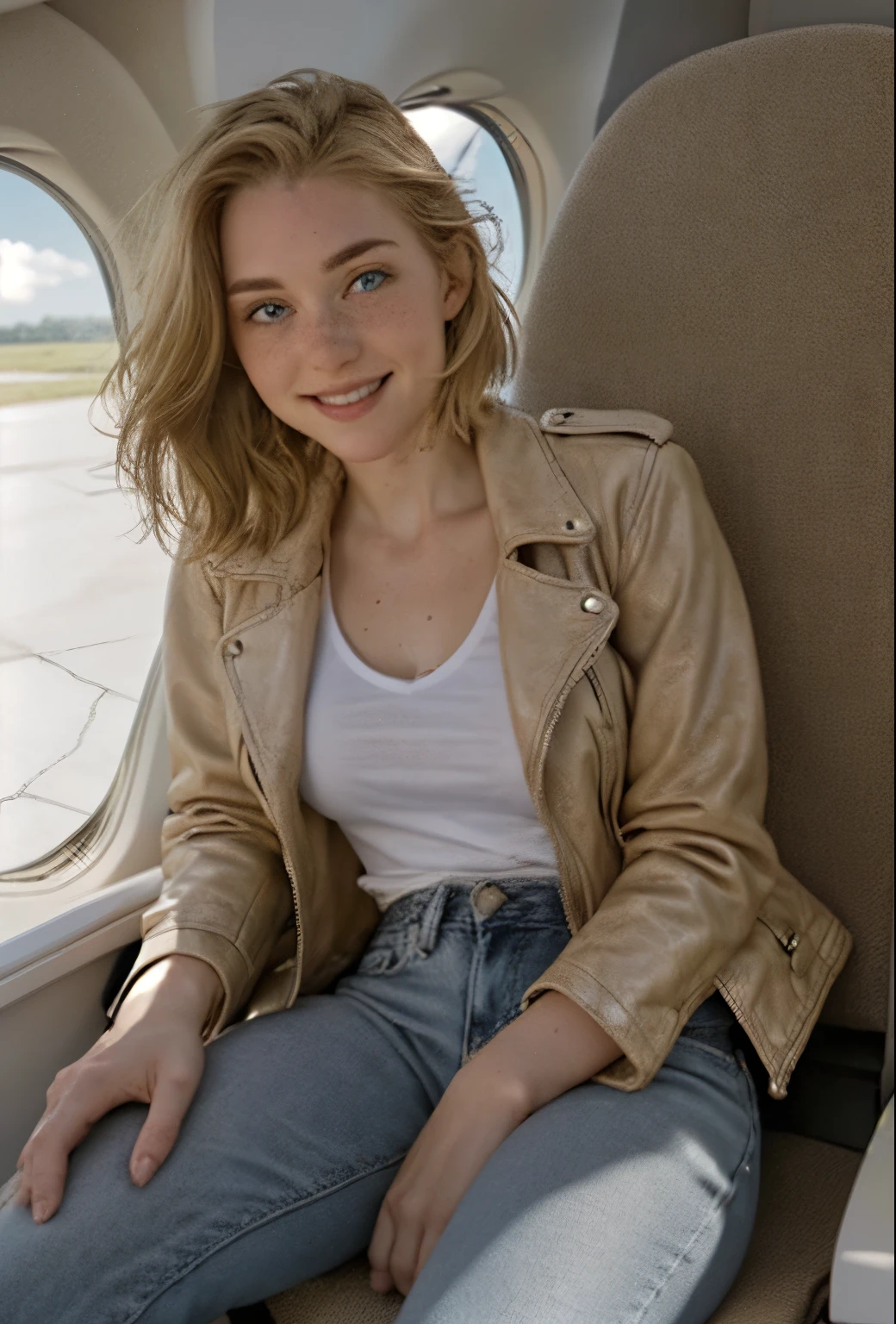 A 21-year-old girl named Kate, with short blonde hair, beautiful medium-sized breasts, 1.60m tall, white British style, light blue eyes. Kate is beautiful, with an angelic face, and has freckles around her nose. She is wearing a beige leather women's jacket with a white shirt, very light jeans, and white sneakers. Kate is sitting in an airplane seat slightly looking to the side, looking at the camera. Kate is happy. The image should be in HD thumbnail format for YouTube.