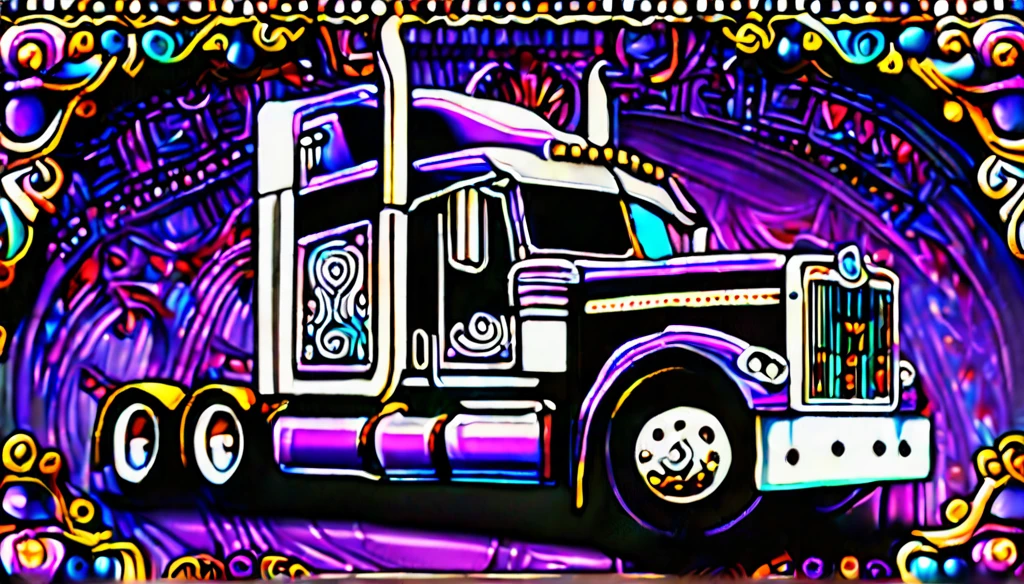 a highly detailed 18-wheeler truck, embroidered with intricate patterns, double stitching, silver beads along the edges, set against a vibrant purple baroque background, award-winning digital art, 8k, photorealistic, extremely detailed, cinematic lighting, volumetric lighting, dramatic shadows, lush colors, elegant, ornate, luxurious, masterpiece