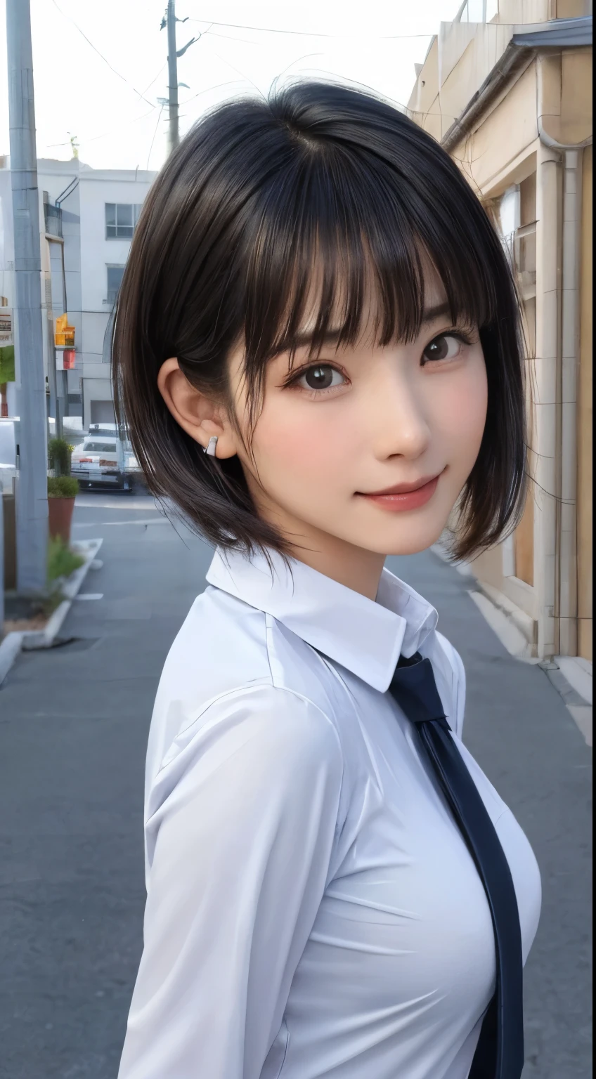 (masterpiece:1.3), (Realistic, RAW Photos, highest quality: 1.4), (One Girl), Beautiful Face, (超Realistic Face、シンメトリーのBeautiful Face), (Short black hair, short hair:1.6、bangs:1.3、Show off your beautiful ears), Beautiful Hairstyles, (Realistic eyes), Beautiful details, Long eyelashes, (Realistic Skin), Beautiful Skin, [Big Breasts:1.3], {Huge|big|Hugeな|Mega} chest, (Perfect body:1.3), (Detailed body:1.2), (tie), (Collared shirt, Pleated skirt:1.3), Absurd, charm, Ultra-high resolution, Ultra-realistic, Very detailed, Golden Ratio,Very cute beautiful woman、28 years old、Beautiful angle from behind、Background in front of the school building、smile、shut up.