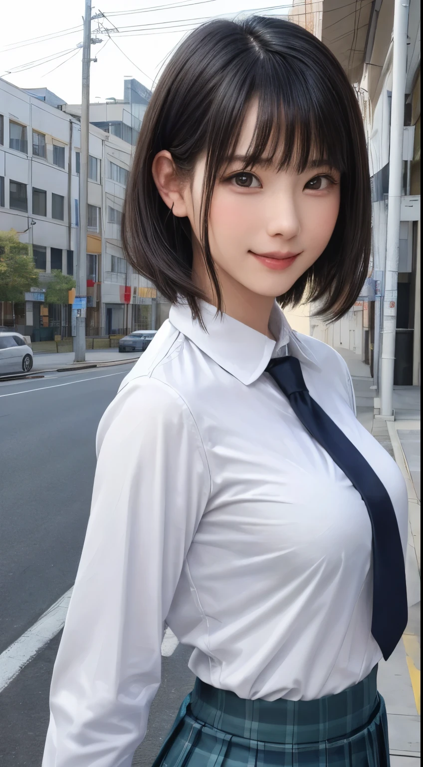 (masterpiece:1.3), (Realistic, RAW Photos, highest quality: 1.4), (One Girl), Beautiful Face, (超Realistic Face、シンメトリーのBeautiful Face), (Short black hair, short hair:1.6、bangs:1.3、Show off your beautiful ears), Beautiful Hairstyles, (Realistic eyes), Beautiful details, Long eyelashes, (Realistic Skin), Beautiful Skin, [Big Breasts:1.3], {Huge|big|Hugeな|Mega} chest, (Perfect body:1.3), (Detailed body:1.2), (tie), (Collared shirt, Pleated skirt:1.3), Absurd, charm, Ultra-high resolution, Ultra-realistic, Very detailed, Golden Ratio,Very cute beautiful woman、28 years old、Beautiful angle from behind、Background in front of the school building、smile、shut up.