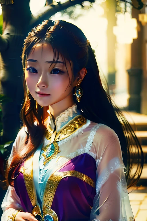 Create a masterpiece image of an exceptionally beautiful Asian girl with an angelic and innocent face. She should be adorned with radiant, intricate jewelry that catches the light, including gemstone earrings, a sparkling necklace, and delicate bracelets. Her attire should be mystical and captivating, made from rich fabrics such as silk and satin, with flowing designs and intricate patterns like classic floral motifs or mystical symbols.
She could be wearing a long dress with light, ethereal layers in enchanting colors like emerald green, twilight purple, or wine red, with meticulously embroidered details in gold or silver thread. Her hair could be long and silky, styled naturally or elegantly pinned up with delicate hair accessories like gold pins or fresh flowers.
The background should be an enchanting setting, perhaps a magical forest with shimmering light filtering through the leaves, or an ancient palace with intricate architecture and flickering candlelight. The lighting in the image should be professionally arranged, with soft rays gently illuminating her body and face, creating a shimmering and magical effect. Her posture and expression should convey a graceful elegance and an otherworldly charm, as if she is a goddess or a character stepping out of legend.