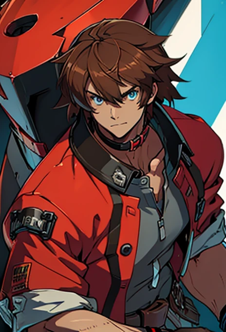 Human Male, Brown hair, wearing red shirt, ((wearing big metal Collar )), BLUE pupils, Guilty Gear