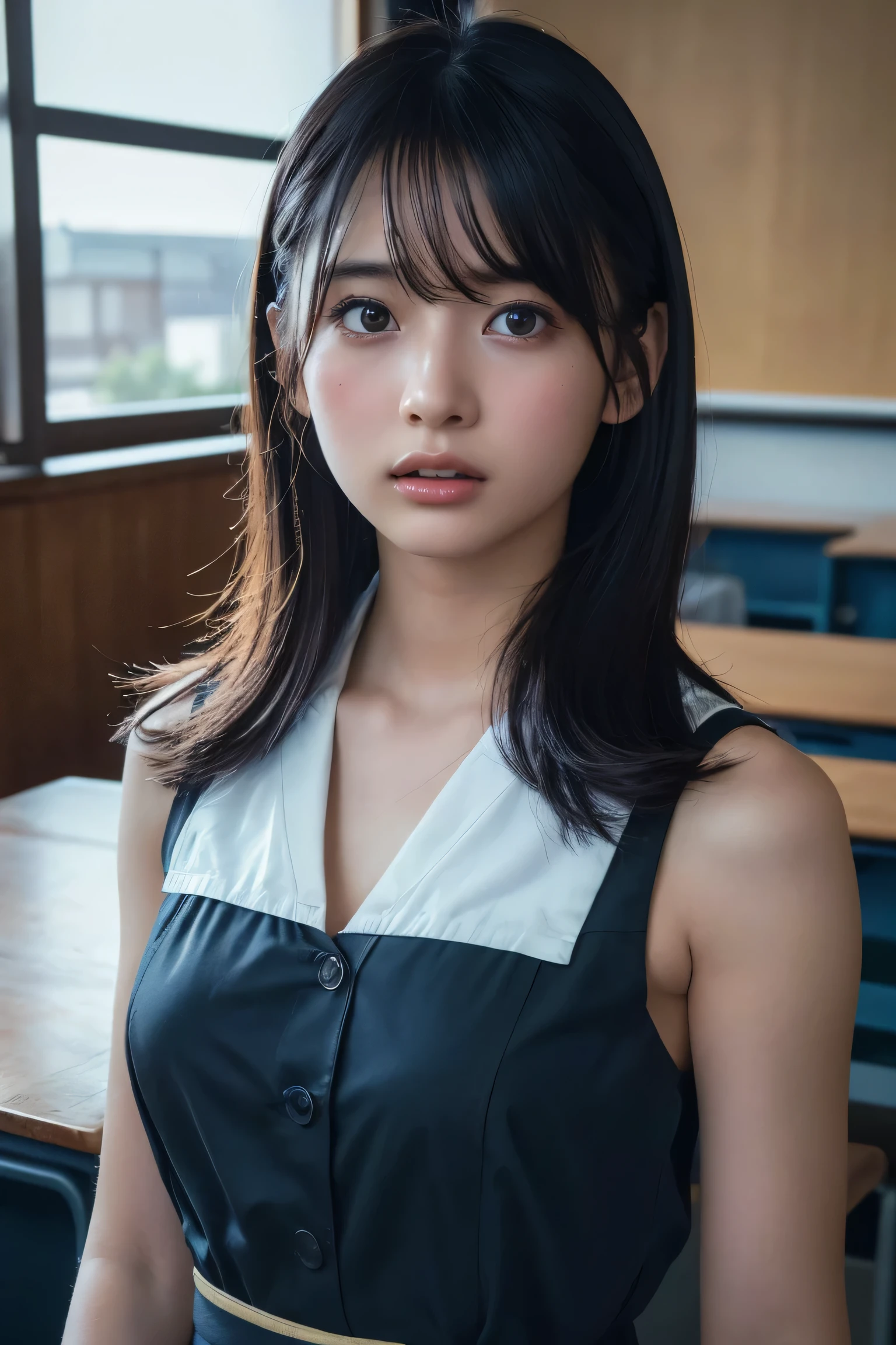 (best quality:1.4),(masterpiece:1.4),(photorealistic:1.4),(Realistic:1.2),(ultra high res, raw photo:1.4),(hdr, hyperdetailed:1.2),(8K:1.2),cinematic photo,photo of black hair,1girl,solo,wearing ,((Japanese classroom))、((Upper Body:1.3))