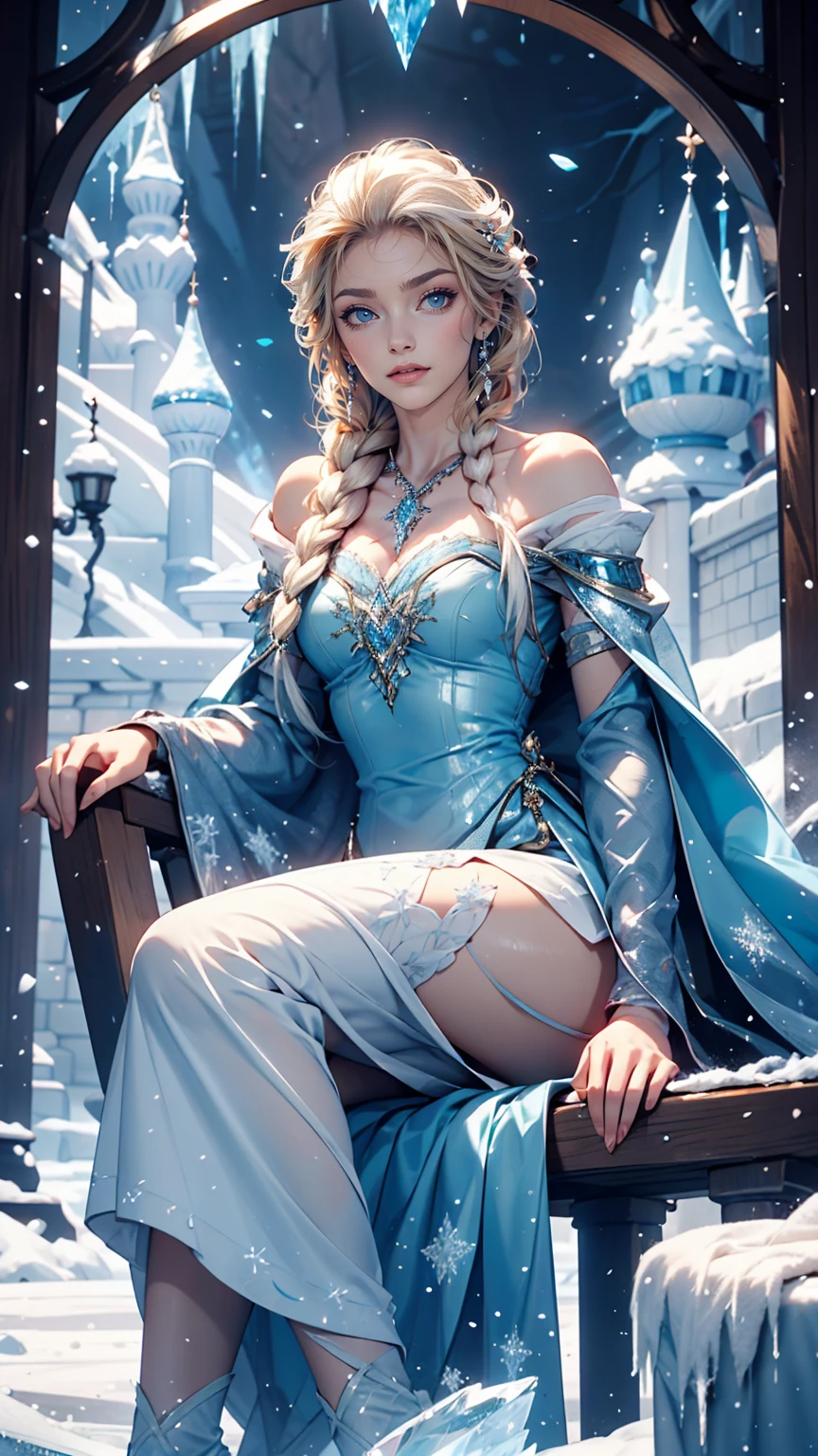 Disney Movies「Frozen」、Elsa、Sit on the ice throne in the ice castle、rest one&#39;s chin on one&#39;s chin、smile、Crossing your legs