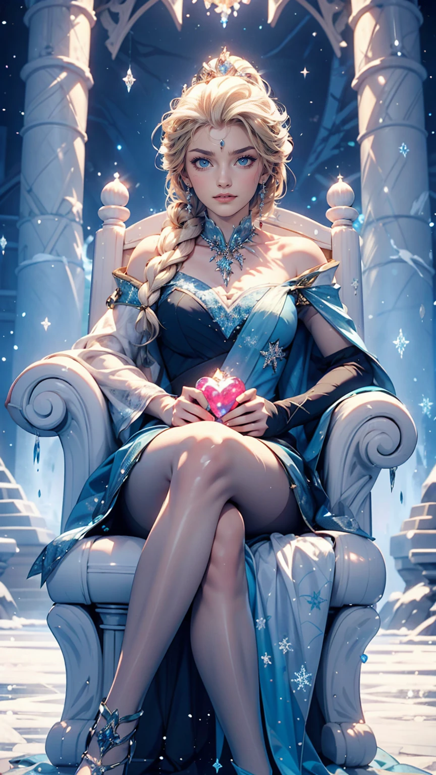 Disney Movies「Frozen」、Elsa、Sit on the ice throne in the ice castle、rest one's chin on one's chin、smile、Crossing your legs