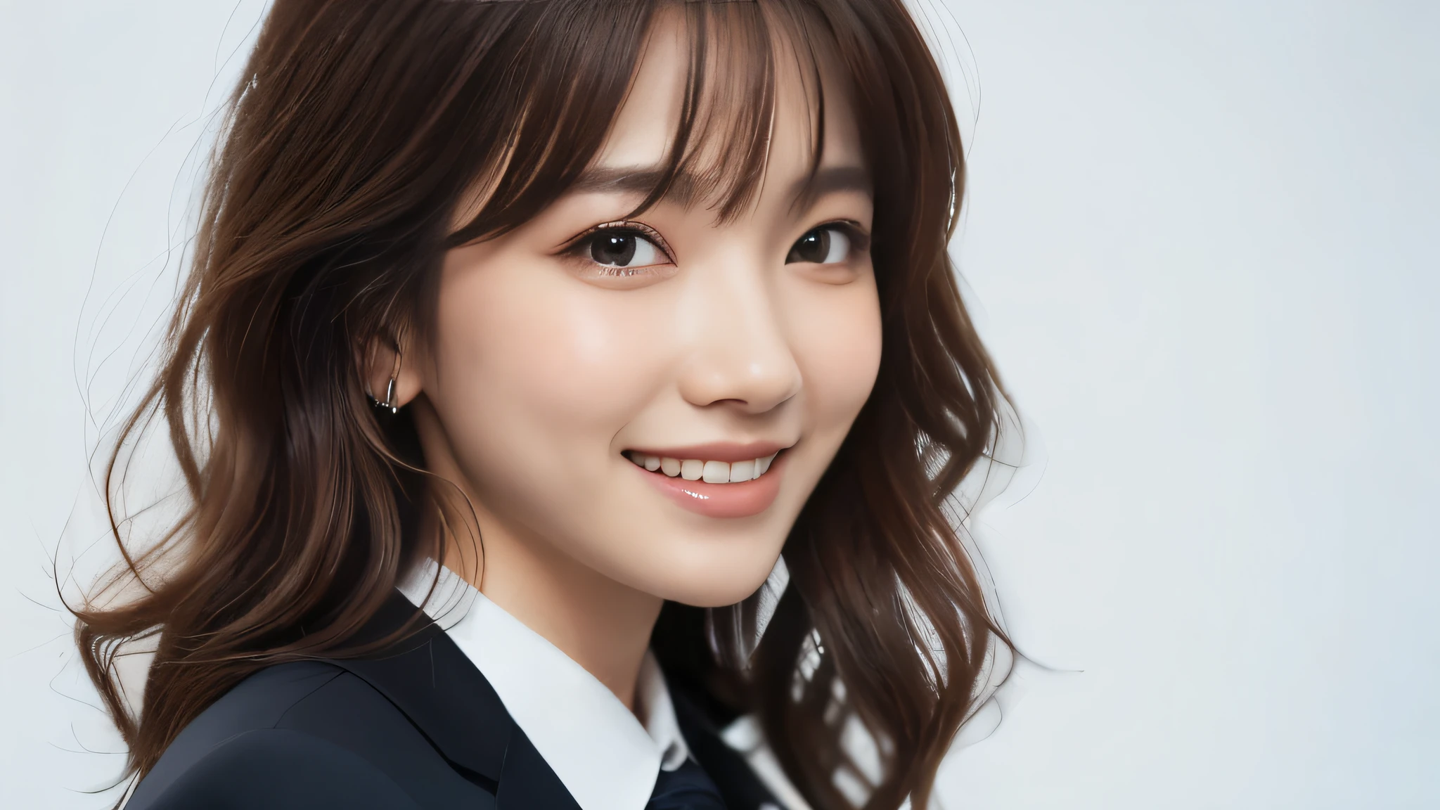 (Realistic: 1.4), (highest quality: 1.4), (fine grain), Full Body Shot, ((White Background)), ((One Young Woman)), Black wavy hair, ((suit)), Big eyes, Blushed, ((smile)), Highly detailed face and skin texture, Healthy Skin, 8K resolution