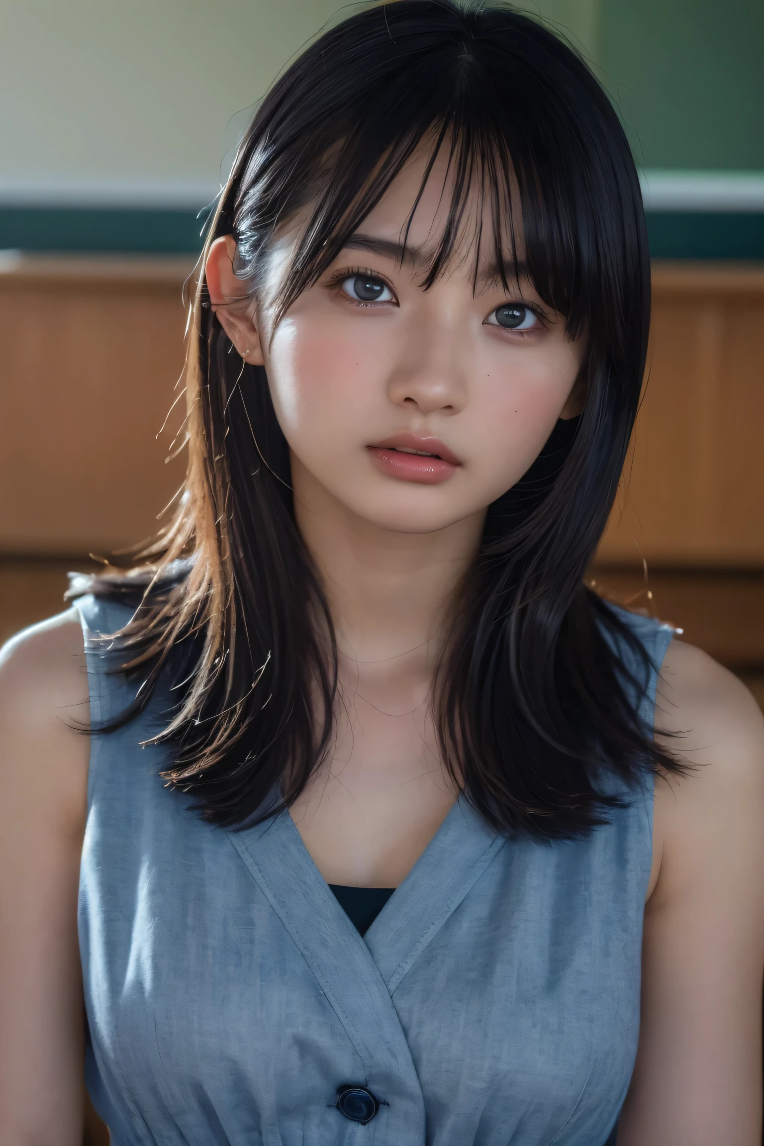 (best quality:1.4),(masterpiece:1.4),(photorealistic:1.4),(Realistic:1.2),(ultra high res, raw photo:1.4),(hdr, hyperdetailed:1.2),(8K:1.2),cinematic photo,photo of black hair,1girl,solo,wearing ,((Japanese classroom))、((Upper Body:1.3))