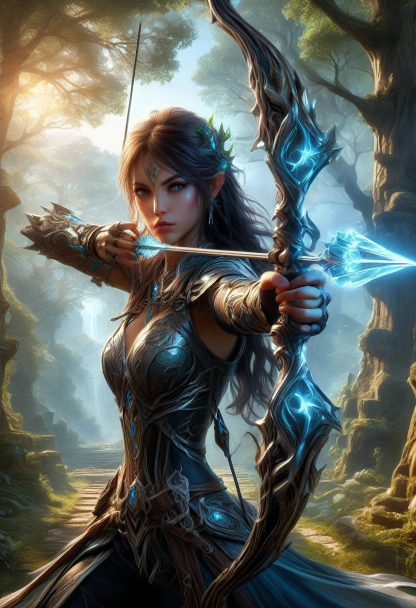 Elf, (long pointed ears:1.5), firing and arrow, bow (weapon), Aiming a Bow, A beautiful elven huntress crouching in a tree canopy, wearing a hunter's cowl, holding a intricate detailed enchanted elven bow, arrow made of light notched in the bow, forced perspective; stunning, breathtaking; Badass composition, epic style art, Kan Liu; Daniel Liang; Anne Stokes; Cynthia Sheppard; Ravina Cai