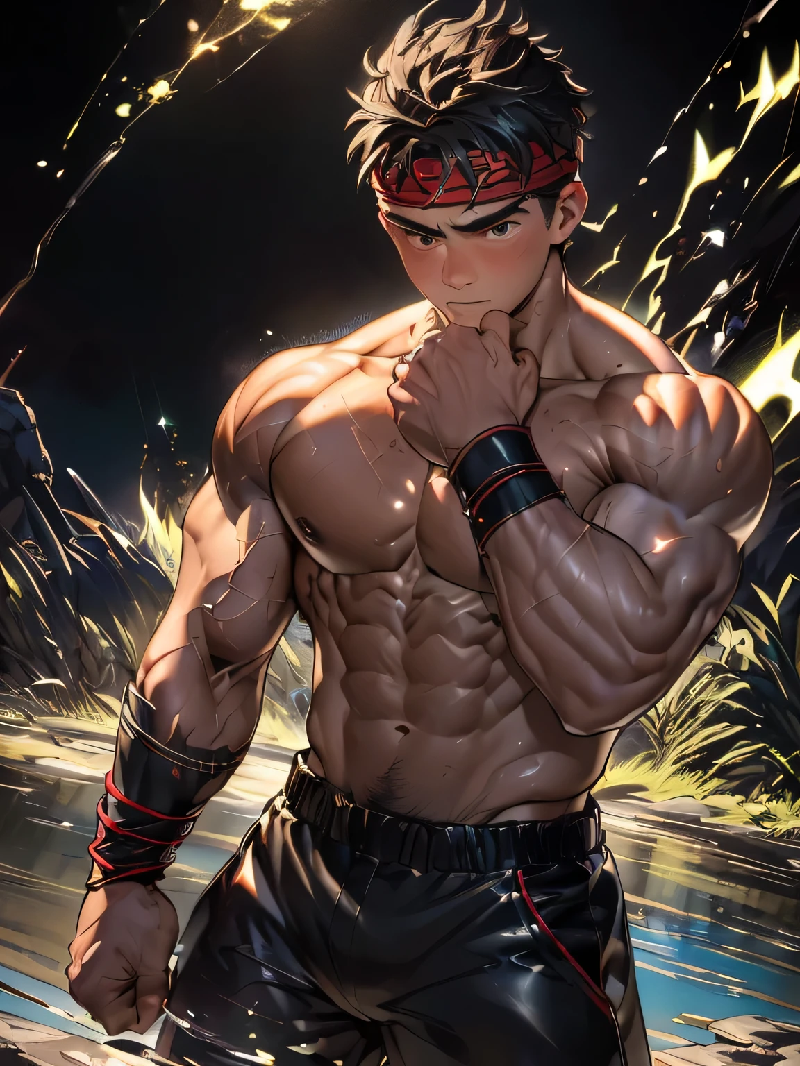 ((masterpiece, best quality)), (((((black background, deep night))))), (19 year old boy, worm eyes, Young boy, muscler, Shirtless, topless), ((((1boy, flesh, tough, reliable)))), (Dark Short straight hair, ((almost completely shaved hair)), under cut, brown eyes), (((red headband, black wristband))), Vivid colors, ((big breast:1.2, big shoulder:1.2, muscular body, sturdy body, defined round and fleshy pecs, defined round and fleshy ABS, defined round and fleshy armsmuscular:1.2, well-defined muscles, developed body, toned weist, shouldermuscler:1.2)), muscler!, muscler body, detailed face, detailed muscle, (((rippling muscles, wearing shilver aura, random pose:1.2)))