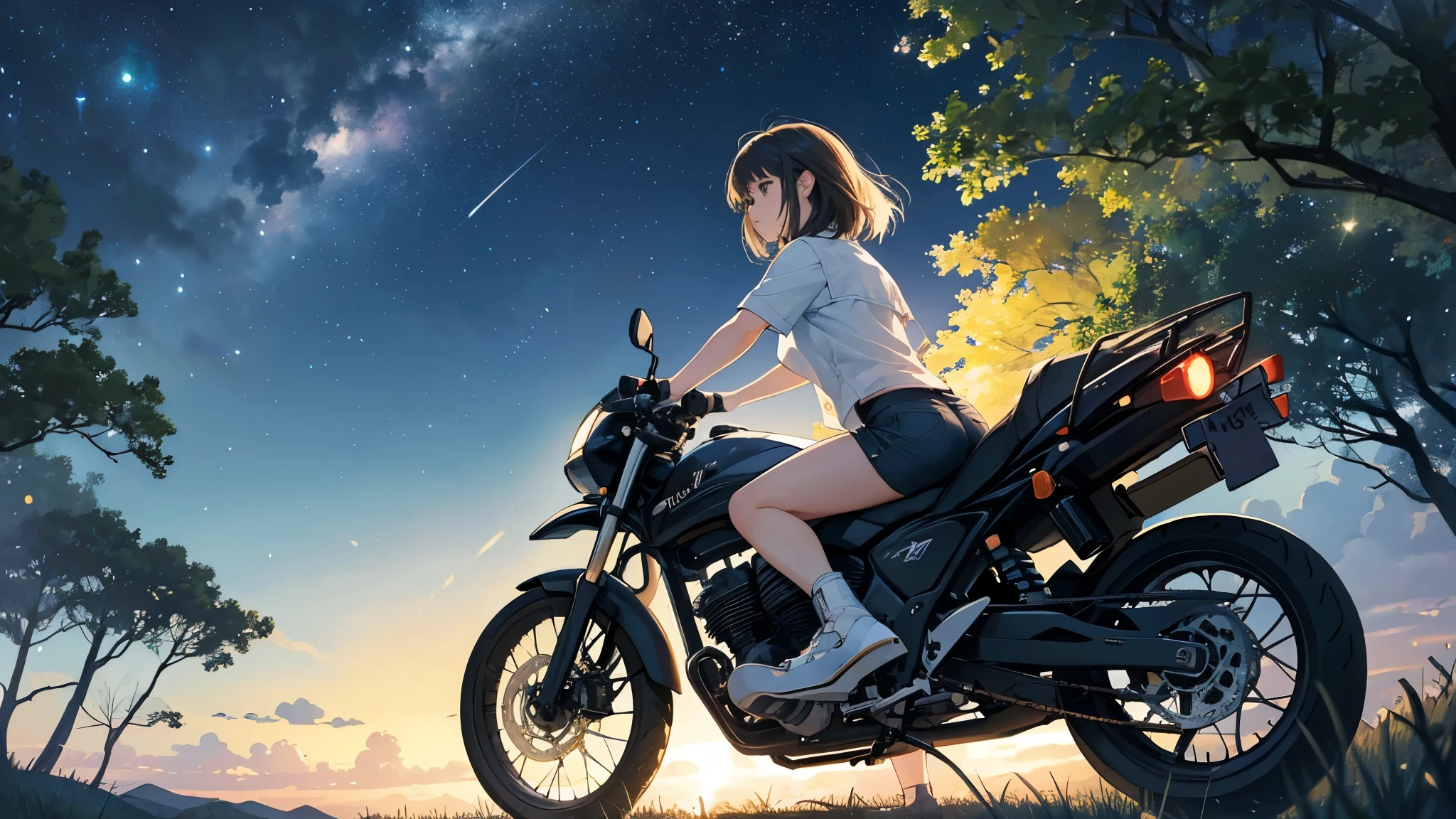 (highest quality),(masterpiece),(Super detailed)Beautiful girl riding a motorcycle、Wearing shorts、Back view、Japan anime、Starry Sky、nature、Starry Sky、Viewed from a low angle、Light clothing、countryside、summer、Light clothing、Moonlit Night、in the forest,Dark Background、