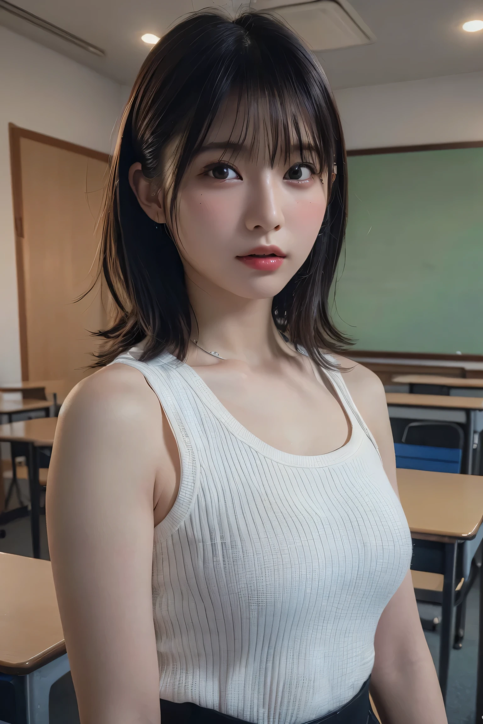 (best quality:1.4),(masterpiece:1.4),(photorealistic:1.4),(Realistic:1.2),(ultra high res, raw photo:1.4),(hdr, hyperdetailed:1.2),(8K:1.2),cinematic photo,photo of black hair,1girl,solo,wearing ,((Japanese classroom))、((Upper Body:1.3))
