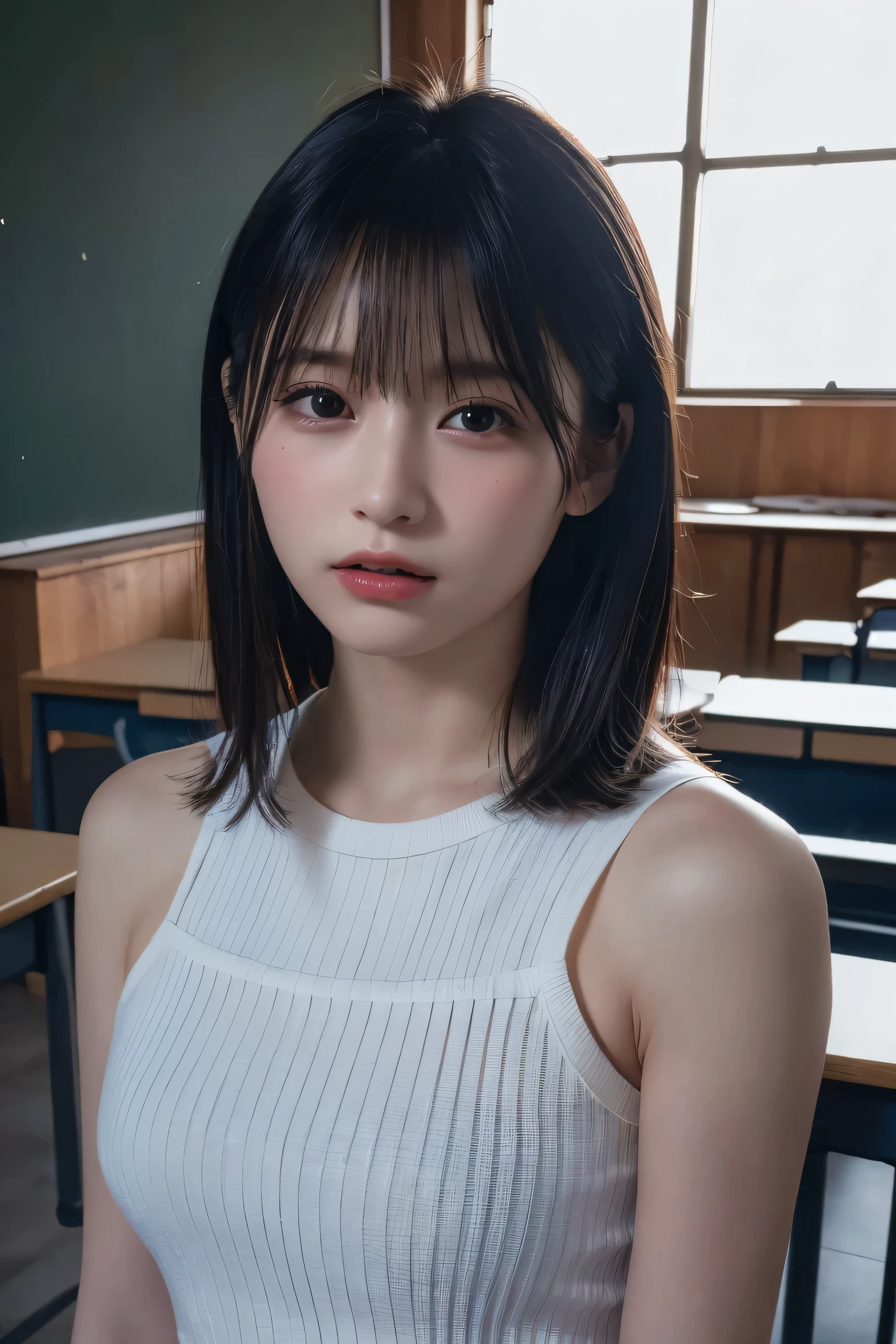 (best quality:1.4),(masterpiece:1.4),(photorealistic:1.4),(Realistic:1.2),(ultra high res, raw photo:1.4),(hdr, hyperdetailed:1.2),(8K:1.2),cinematic photo,photo of black hair,1girl,solo,wearing ,((Japanese classroom))、((Upper Body:1.3))