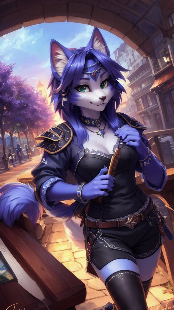 A beautiful and detailed (sweet portrait) von ((Krystal)), Sternenfuchs Krystal, Schlank, liebenswert, green eyes, medium breasts, (((Lange blaue Haare 1.3))),  ((schwarze haarspitzen)), Dekollete, Grinsen, hoch schauen,, anthro, Pelzig, Hochgeladen E621, detailed flauschige fur, (von Fluff-Kevlar, Bayard Wu, Personalami, Pino Daeni), detailliertes Gesicht, (flauschige), 1 girl, Allein, wears a Gakuran , befindet sich in einer schule, spielt gitarre