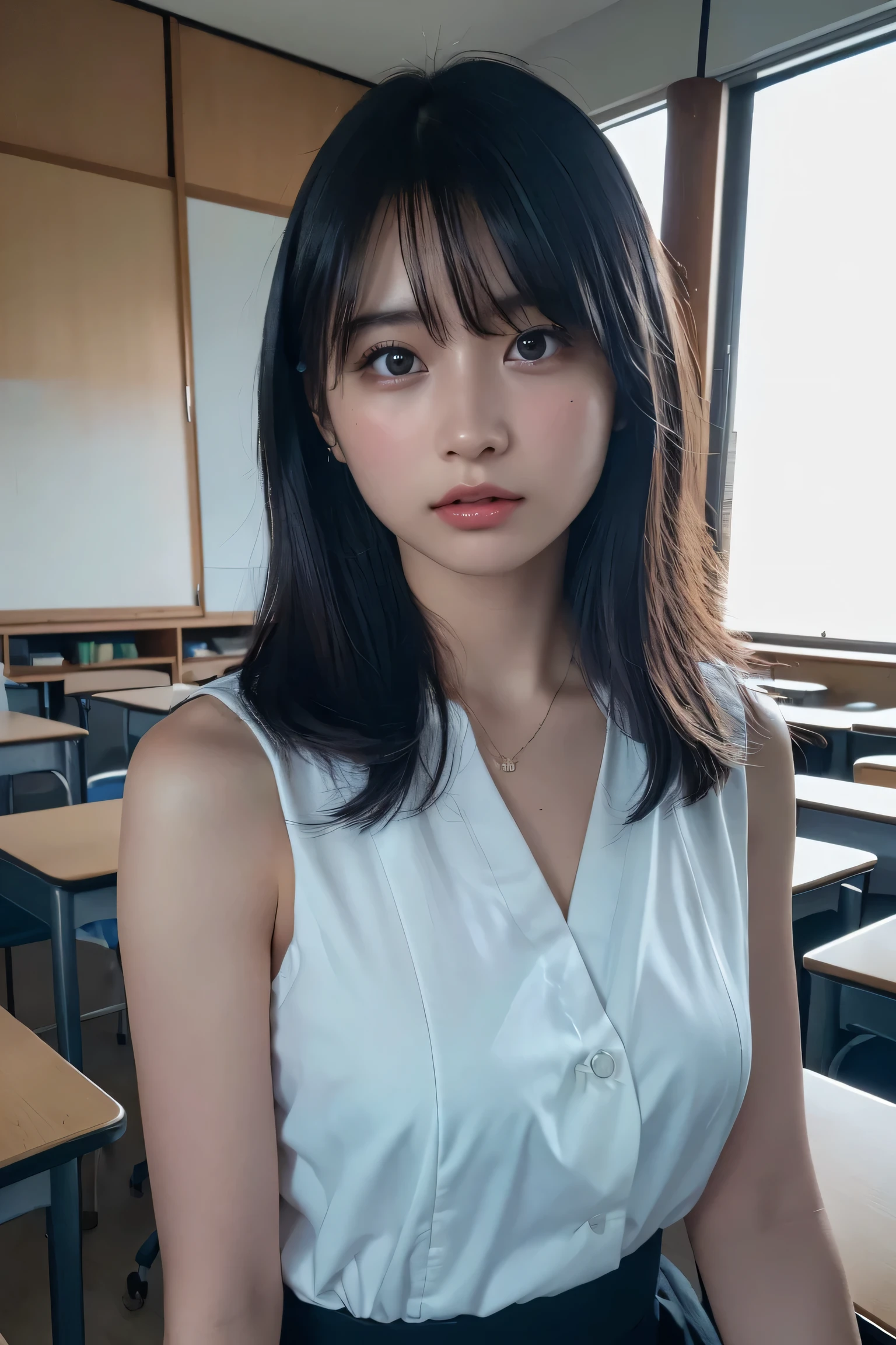(best quality:1.4),(masterpiece:1.4),(photorealistic:1.4),(Realistic:1.2),(ultra high res, raw photo:1.4),(hdr, hyperdetailed:1.2),(8K:1.2),cinematic photo,photo of black hair,1girl,solo,wearing ,((Japanese classroom))、((Upper Body:1.3))