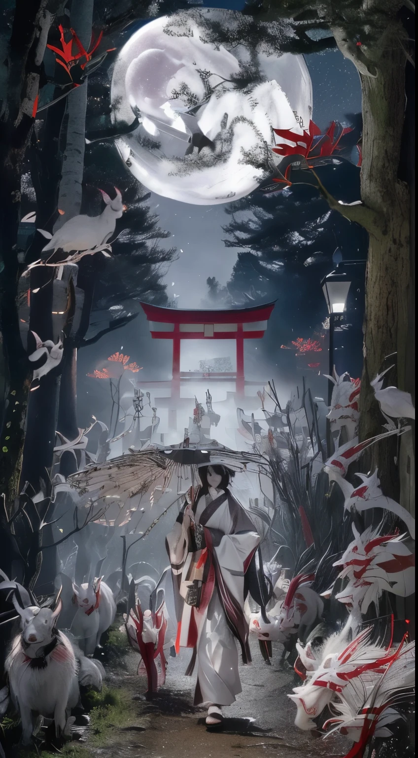 A realistic photo-like depiction of Hyakki Yagyo, the Night Parade of One Hundred Demons, from Japanese folklore. The scene is set in a moonlit night with traditional Japanese architecture in the background, including ancient temples and torii gates. A procession of diverse and fantastical yokai (Japanese spirits and demons) is marching through a forest path with Nurarihyon leading the parade at the front. Nurarihyon has an elongated head and an air of authority. Key figures include Tengu with red faces and long noses, Oni with horns and fierce expressions, Kappa with water-filled heads, Yuki Onna with a ghostly pale appearance, and a Nine-Tailed Fox with multiple tails. Other yokai like the One-Eyed , Karakasa Kozo (a haunted umbrella), Rokurokubi (a long-necked woman), and Ittan Momen (a flying cloth spirit) add to the eerie atmosphere. Include yokai flying in the sky such as Tengu with wings and bird-like features, a majestic Dragon, and other ghostly figures. The forest is filled with mist and the trees are ancient and twisted. The yokai are illuminated by a soft, eerie glow, and their features are vividly detailed, showcasing traditional Japanese clothing and mythical characteristics. No humans should be included in the scene. Nurarihyon is absolutely walking at the front of the procession