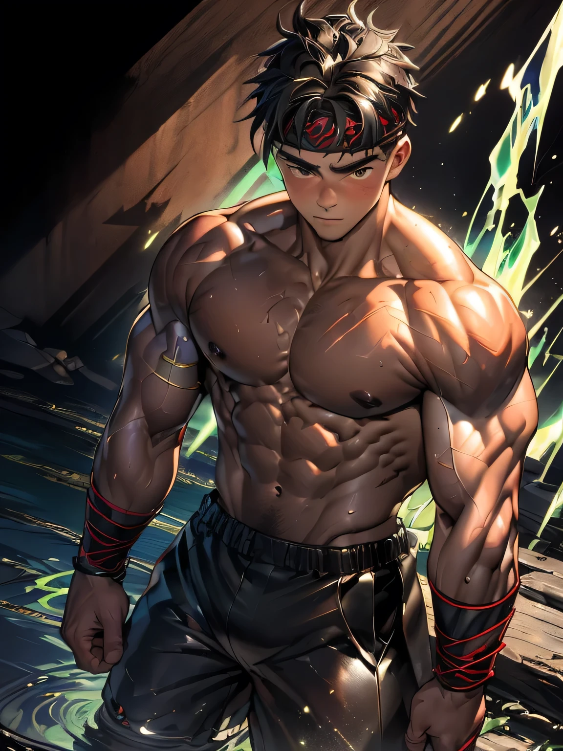 (Masterpiece, Best quality 19 year old boy, black background, cowboy shot), solo, Young, boy, muscler, Shirtless, topless, (Dark Short straight hair, under cut, brown eyes), (red headband, ((leather fingerless grobe, black wristband))), Vivid colors, muscler!, muscler, muscler body, (aura power:1.7), detailed face, detailed muscle, (((A magical mystical glowing aura, energy, rippling muscles, fighting pose, struggle, combats, chilling atmosphere, subtle color tones)))