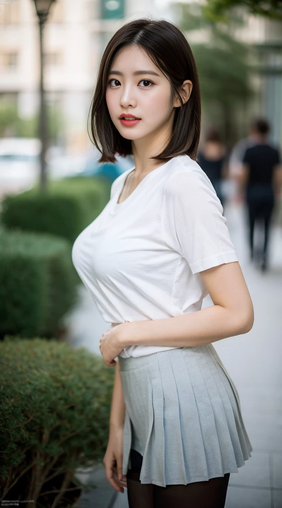 (Best Quality, 8K, masterpiece:1.3, 1 girl, beautiful girl), cute, dynamism, detailed face, detailed skin, detailed eyes, detailed lips, detailed fingers, detailed mouth, detailed tooth, detailed tongue, round eyes, tear bag, photorealistic, raw photo, natural light, highres, perfect anatomy, toned legs, highres, detailed clothes, sweaty, (pantyhose), white shirt, tie, pleated skirt, bokeh, nightsky, outdoor, short bob hair, big breasts:1.1