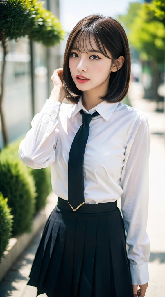 (Best Quality, 8K, masterpiece:1.3, 1 girl, beautiful girl), cute, dynamism, detailed face, detailed skin, detailed eyes, detailed lips, detailed fingers, detailed mouth, detailed tooth, detailed tongue, round eyes, tear bag, photorealistic, raw photo, natural light, highres, perfect anatomy, toned legs, highres, detailed clothes, sweaty, (pantyhose), white shirt, tie, pleated skirt, bokeh, nightsky, outdoor, short bob hair, big breasts:1.1