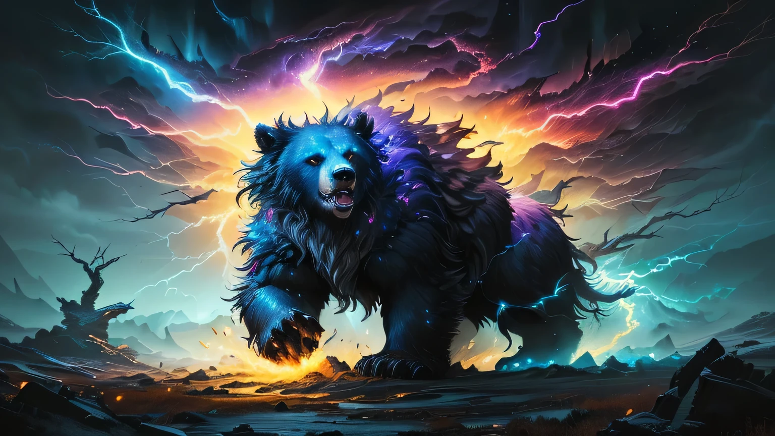 Close-up of a bear,Lightning spews from its mouth, magic the gathering card art, Fractal Thunder - Dan Mumford, magic the gathering artstyle, Fenrir, magic : the gathering art, magic the gathering art, magic the gathering art style, MTG Art, magic the gathering artwork, minotaur wolf, Collectible Card Art, Demonfang Gnoll