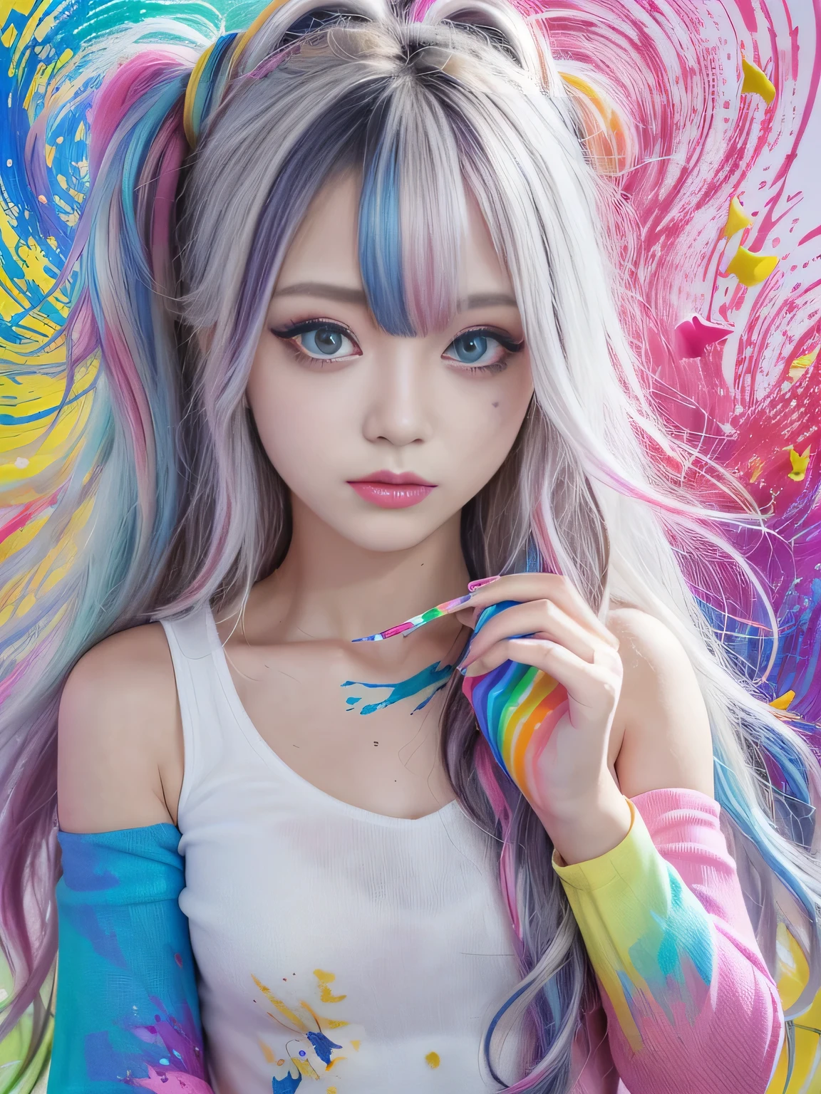 （Pink Fashion T-Shirt：1.9），(Colorful hair: 1.8), (All the colors of the rainbow: 1.8),(((((vertical painting：1.6))), （painting：1.6），front, comics, figures, paintings, Big eyes, Clear eyes,（ Rainbow gradient high ponytail：1.7）, Exquisite makeup, Mouth closed,(Small Fresh: 1.5),(Wipe the chest: 1.6) ，Long eyelashes, White off-the-shoulder T-shirt,  White shoulder shirt，Looking at the audience, Big teary eyes, (Rainbow Hair：1.6), Color splash, （alone：1.8）, Color splash, An explosion of colors, thick paint style, Messy Lines, ((The Shining))，(colorful), (colorful), (colorful), colorful, Thick paint Style, (splash) (Color splash), Vertical painting, Upper Body, paint splash, Acrylic Pigments, Slope, paint, Best image quality, highest quality, masterpiece, alone, Depth of written boundary, Face paint,  colorful clothes, (elegant: 1.2), nice,Long Hair, Wind, (elegant: 1.3), (petal: 1.4)，(((masterpiece))),(((highest quality))),((Super detailed)),(figure),(Dynamic Angle),((floating)),(paint),((Disheveled Hair)),(alone),(One girl) , (((Detailed anima face))),((Beautifully detailed face)),collar,Exposing shoulders,Gray Hair, ((colorful hair)),((Striped Hair)),Beautiful fine details,(Slope color eyes),(((colorful eyes))),(((colorful background))),(((High chroma))),(((surrounded by colorful splashes))), 
