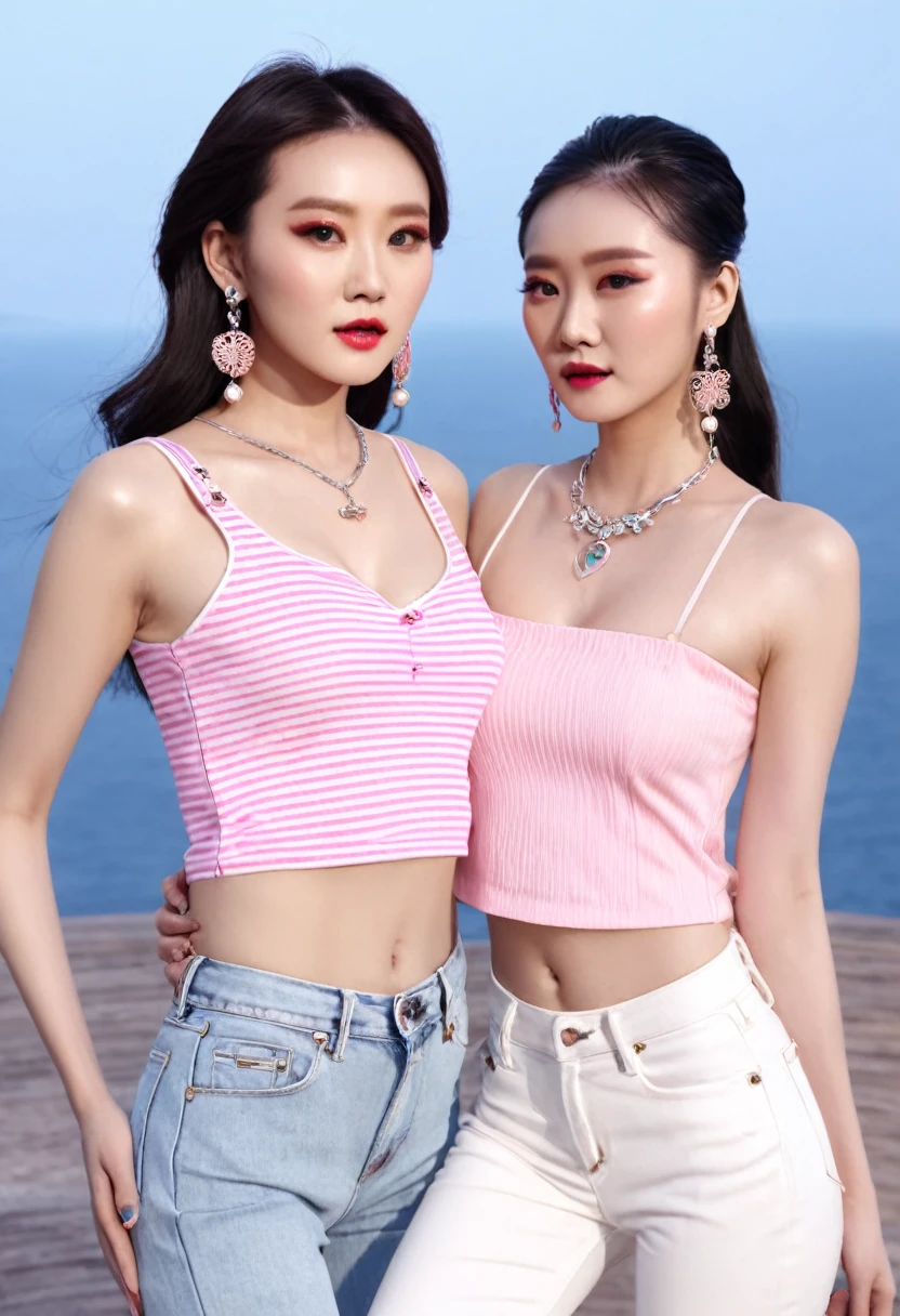 ,All faces and pictures,(High Definition)、(((、Exaggerated、Masterpiece、Top Quality、High Definition)))、Movie Lights) Two beautiful Chinese women, beautiful female models, embracing accessories. with hoop earrings Necklace with heart pendant Makeup and hairstyling by professional artists Makeup and hair done by a professional artist. Cute poses. Sharp focus: 1。4、(Too much detail、Details Close-up view, half body, pink tank top Beautiful white long jeans, seaside view, s