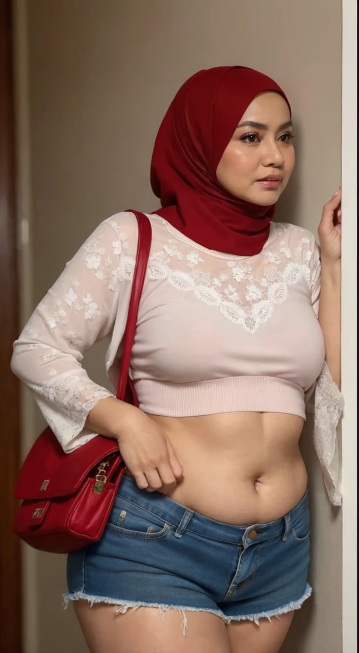 52 years Old, Hijab Indonesian mature woman, Big Tits : 96.9, T-Shirt, Breast about To burst out, at doctor office, High light, at Day Timr