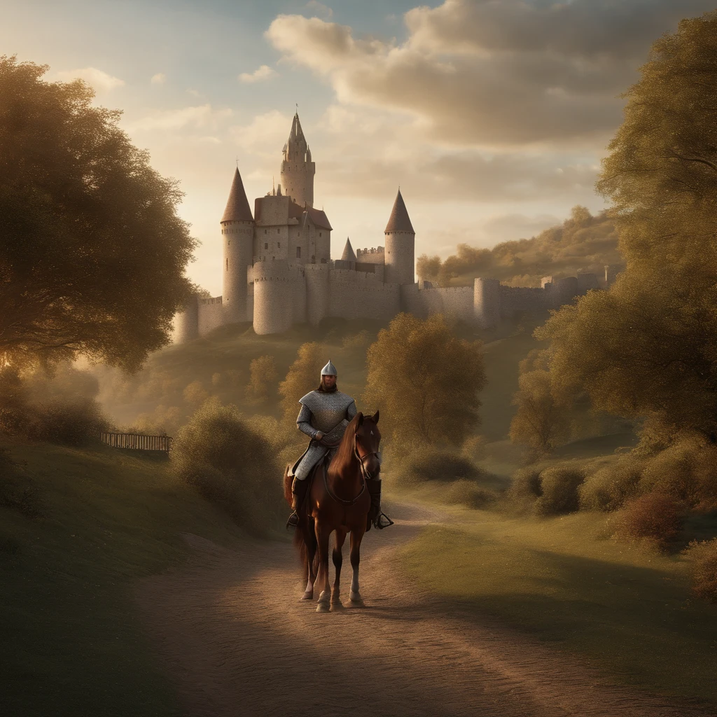 there is a man riding a horse next to a medieval castle, beautiful render of a medieval tale, 3d rendered matte painting, illustration matte painting, high quality matte painting,cute, castle background, inspired by Edmund Leighton, highly detailed matte painting, hyperdetailed 3 d matte painting, hyperdetailed 3d matte painting, medieval castle background, 3d matte painting