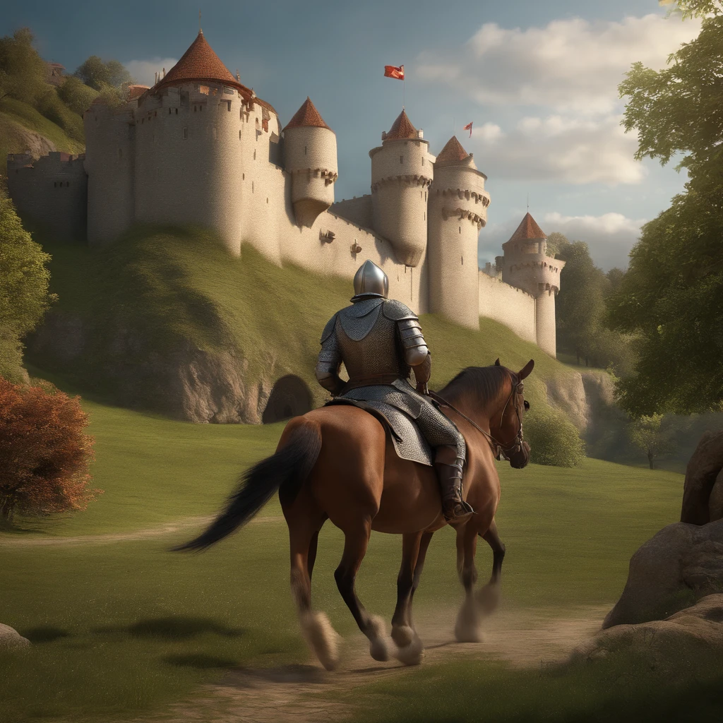 there is a man riding a horse next to a medieval castle, beautiful render of a medieval tale, 3d rendered matte painting, illustration matte painting, high quality matte painting,cute, castle background, inspired by Edmund Leighton, highly detailed matte painting, hyperdetailed 3 d matte painting, hyperdetailed 3d matte painting, medieval castle background, 3d matte painting