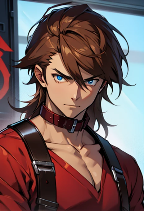 Human Male, Brown hair, wearing red shirt, ((wearing big metal Collar )), BLUE pupils, Guilty Gear