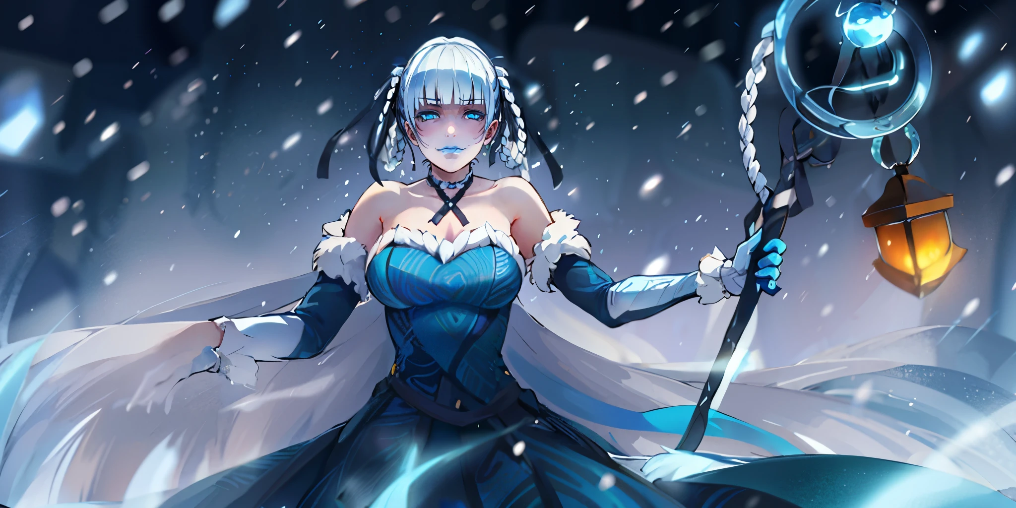 silver hair, o-ring braid, ribbon, blue lips, dark-blue eyes, curvy, (anatomically correct:1.3), heavy breathing, mature female, huge breasts, dress, 1girl, staff, solo, snowing, bare_shoulders, breasts, gloves, jewelry, holding_staff, snow, blue_dress, detached_sleeves, snowflakes, holding, strapless_dress, choker, strapless, looking_at_viewer, holding_staff, standing, (shaded face:1.2), hollow eyes, blue lips, dark-blue eyes, looking at viewer, (heavy breathing:1.3), smirk, upper teeth, glaring eyes, steaming face,