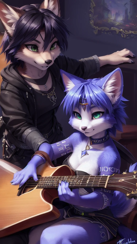 A beautiful and detailed (sweet portrait) von ((Krystal)), Sternenfuchs Krystal, Schlank, liebenswert, green eyes, medium breasts, (((Lange blaue Haare 1.3))), ((schwarze haarspitzen)), Dekollete, Grinsen, hoch schauen,, anthro, Pelzig, Hochgeladen E621, detailed flauschige fur, (von Fluff-Kevlar, Bayard Wu, Personalami, Pino Daeni), detailliertes Gesicht, (flauschige), 1 girl, Allein, wears a Gakuran , befindet sich in einer schule, spielt gitarre