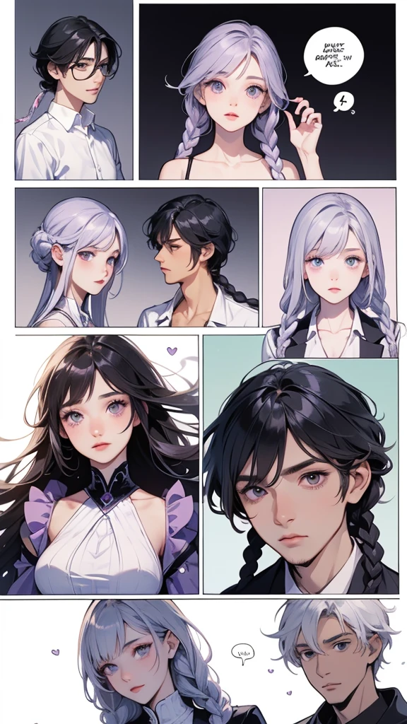 (masterpiece, highest quality), Couple(1 male, 1 woman with purple and white gradient double braids),、 detailed, comics, boy,heart、like、 Meeting between a man and a woman, Manga Page, Doujinshi, Download contents, anime, Branch Panel, (From right to left, Top to bottom),The girl&#39;s characteristic is yinji,1girl,solo, purple eyes, long hair, twin braids, purple hair, multicolored hair, elbow gloves, bangs, very long hair,bare shoulders, black skirt, grey hair, dress, smile, side cutout,covered navel, side cutout,