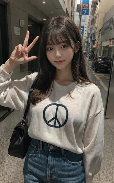 In town、Peace sign with right hand