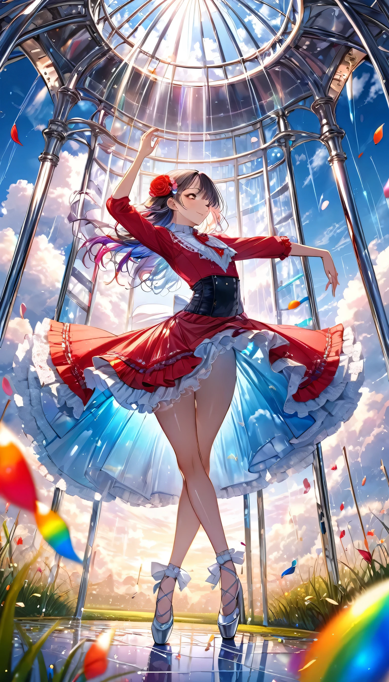 highest quality, Super quality, 16k, Incredibly absurd, Very detailed, delicate and dynamic, dancing beauty, Sensual expression, Wearing a flamenco uniform with lace and frills, A mysterious, gigantic artistic structure made of chrome-plated framework and glass, After the Rain, Sunlight shines through the gaps in the clouds, The glass reflects the colors of the rainbow、The analyzer is displayed, Many rainbow-colored petals fall, The grass is covered with mist, Create amazing image effects