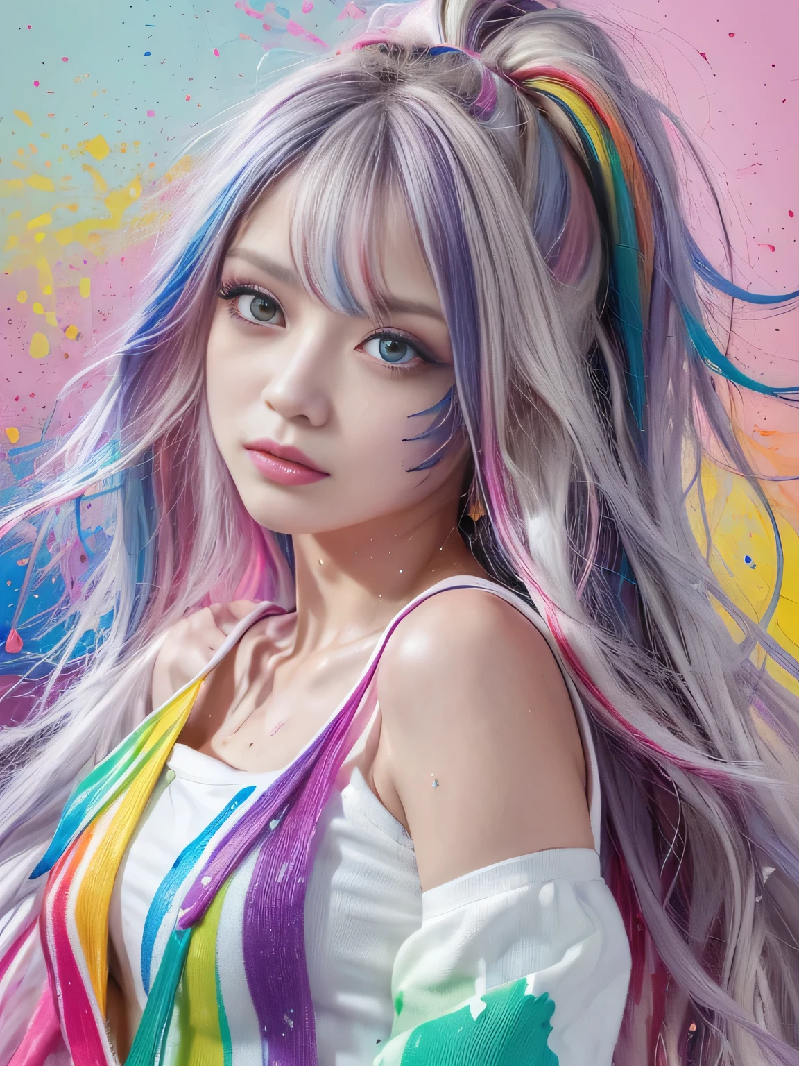 whole body、（Pink Fashion T-Shirt：1.9），(Colorful hair: 1.8), (All the colors of the rainbow: 1.8),(((((vertical painting：1.6))), （painting：1.6），front, comics, figures, paintings, Big eyes, Clear eyes,（ Rainbow gradient high ponytail：1.7）, Exquisite makeup, Mouth closed,(Small Fresh: 1.5),(Wipe the chest: 1.6) ，Long eyelashes, White off-the-shoulder T-shirt, White shoulder shirt，Looking at the audience, Big teary eyes, (Rainbow Hair：1.6), Color splash, （alone：1.8）, Color splash, An explosion of colors, thick paint style, Messy Lines, ((The Shining))，(colorful), (colorful), (colorful), colorful, Thick paint Style, (splash) (Color splash), Vertical painting, Upper Body, paint splash, Acrylic Pigments, Slope, paint, Best image quality, highest quality, masterpiece, alone, Depth of written boundary, Face paint, colorful clothes, (elegant: 1.2), nice,Long Hair, Wind, (elegant: 1.3), (petal: 1.4)，(((masterpiece))),(((highest quality))),((Super detailed)),(figure),(Dynamic Angle),((floating)),(paint),((Disheveled Hair)),(alone),(One girl) , (((Detailed anima face))),((Beautifully detailed face)),collar,Exposing shoulders,Gray Hair, ((colorful hair)),((Striped Hair)),Beautiful fine details,(Slope color eyes),(((colorful eyes))),(((colorful background))),(((High chroma))),(((surrounded by colorful splashes))),
