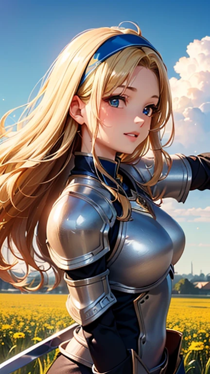 A girl is posing for a photo, cute女の子, Enchanting girl, Anime Girls, 
(((One Girl, Baby Face, cute, 16 years old))), 

(dknsoutfit、Blue Armor、Holding a big sword), (White Headband),  
BREAK 

(Beautiful Hair, Shiny Hair), (Blonde、Wavy Hair、slicked back hair:1.4),  
(Expression of fine eyes, Beautiful and delicate eyes, Sparkling eyes, Eye Reflexes), (black eye), 
double eyelid, Long eyelashes, 
(Beautiful Nose,Thin Nose), 
(Glossy lips, Beautiful Lips, Thick lips), 
(Symmetrical facial features, Perfect Face), (((Detailed skin, Oily skin, Textured skin, Beautiful Skin))), 
break  

(smile), 
(noon、(Sunshine、Meadow in a fantasy world、blue sky、cumulonimbus)), ((Dynamic Pose、from side、Cowboy Shot)), 
break 

(((highest quality)), ((masterpiece)), (Very detailed), (High resolution), (Beautiful sparkle), (High detail), (Anatomically correct)), ((Realistic)), 
(The best CG), Highly detailed art, CG illustration, (16k, 1080p), ((Line art)),

