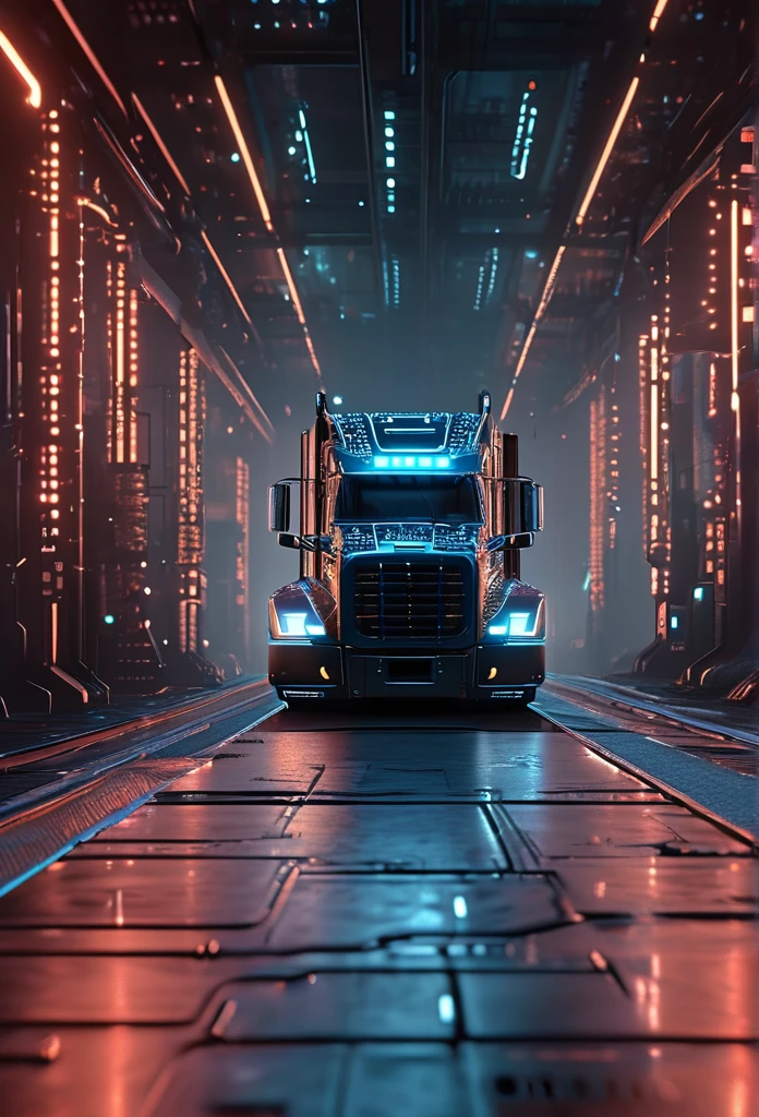 circuitboard semi-truck, ((focus)), detailed circuitboard texture, futuristic cyberpunk style, dramatic lighting, neon glowing elements, intricate mechanical details, steel and chrome, seamless integration, industrial aesthetic, advanced technology, intricate circuitry, clean and sleek design, volumetric fog, cinematic camera angle, high quality, masterpiece, photorealistic, 8k