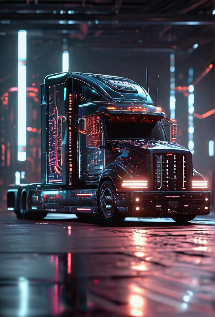 circuitboard semi-truck, ((focus)), detailed circuitboard texture, futuristic cyberpunk style, dramatic lighting, neon glowing elements, intricate mechanical details, steel and chrome, seamless integration, industrial aesthetic, advanced technology, intricate circuitry, clean and sleek design, volumetric fog, cinematic camera angle, high quality, masterpiece, photorealistic, 8k