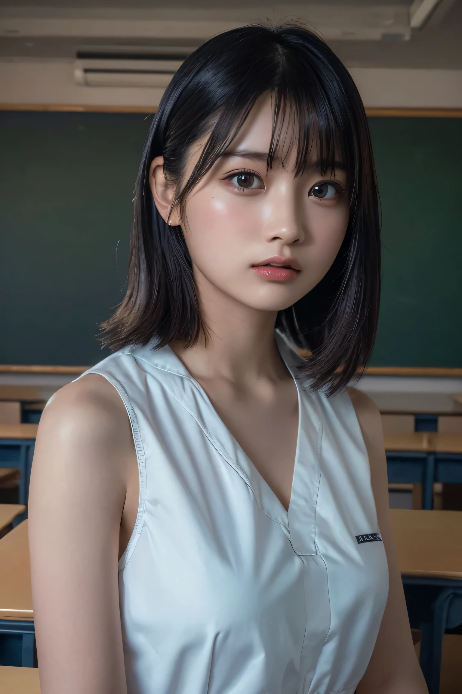 (best quality:1.4),(masterpiece:1.4),(photorealistic:1.4),(Realistic:1.2),(ultra high res, raw photo:1.4),(hdr, hyperdetailed:1.2),(8K:1.2),cinematic photo,photo of black hair,1girl,solo,wearing ,((Japanese classroom))、((Upper Body:1.3))