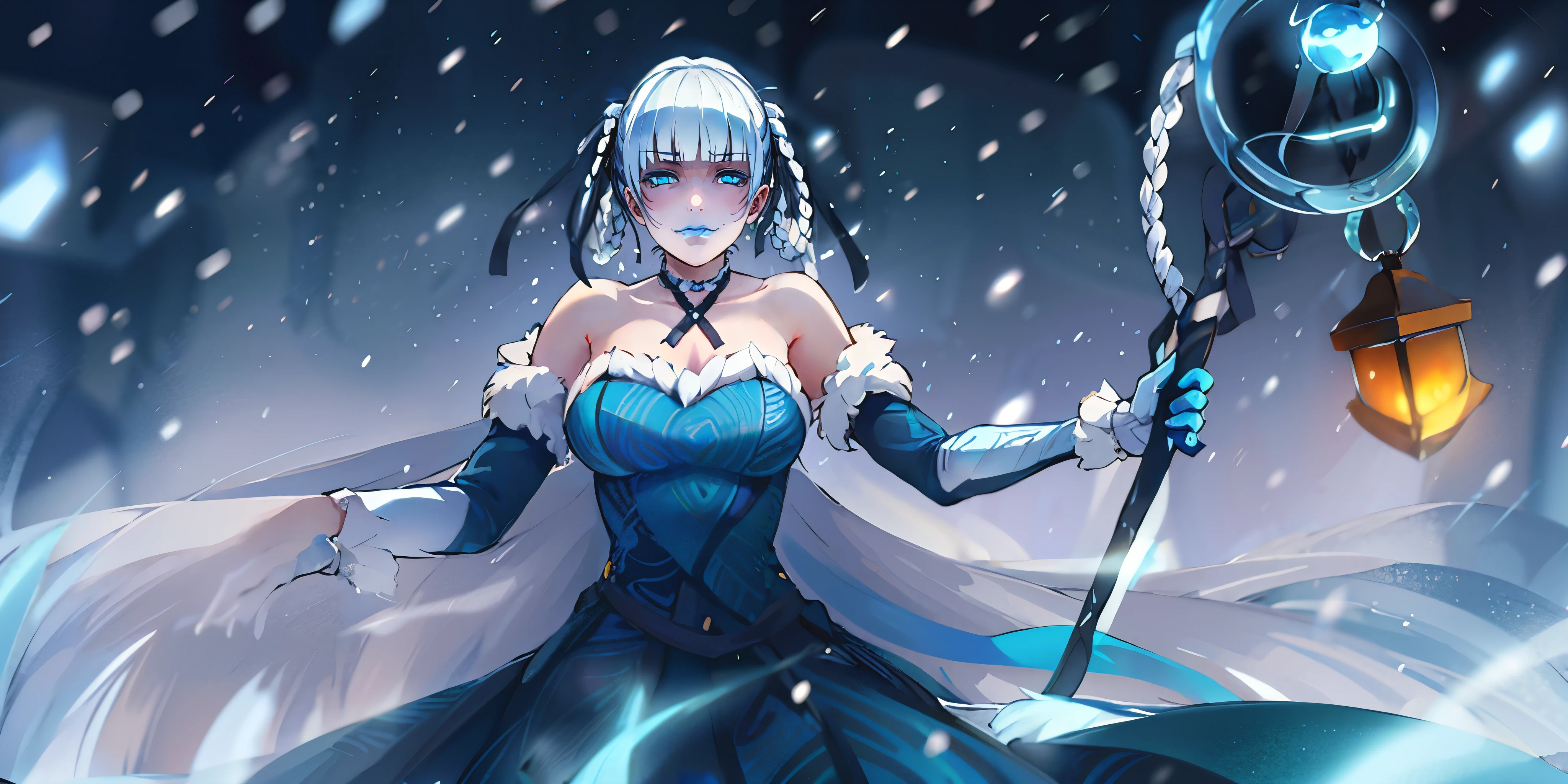 silver hair, o-ring braid, ribbon, blue lips, dark-blue eyes, curvy, (anatomically correct:1.3), heavy breathing, mature female, huge breasts, dress, 1girl, staff, solo, snowing, bare_shoulders, breasts, gloves, jewelry, holding_staff, snow, blue_dress, detached_sleeves, snowflakes, holding, strapless_dress, choker, strapless, looking_at_viewer, holding_staff, standing, (shaded face:1.2), hollow eyes, blue lips, dark-blue eyes, looking at viewer, (heavy breathing:1.3), smirk, upper teeth, glaring eyes, steaming face,