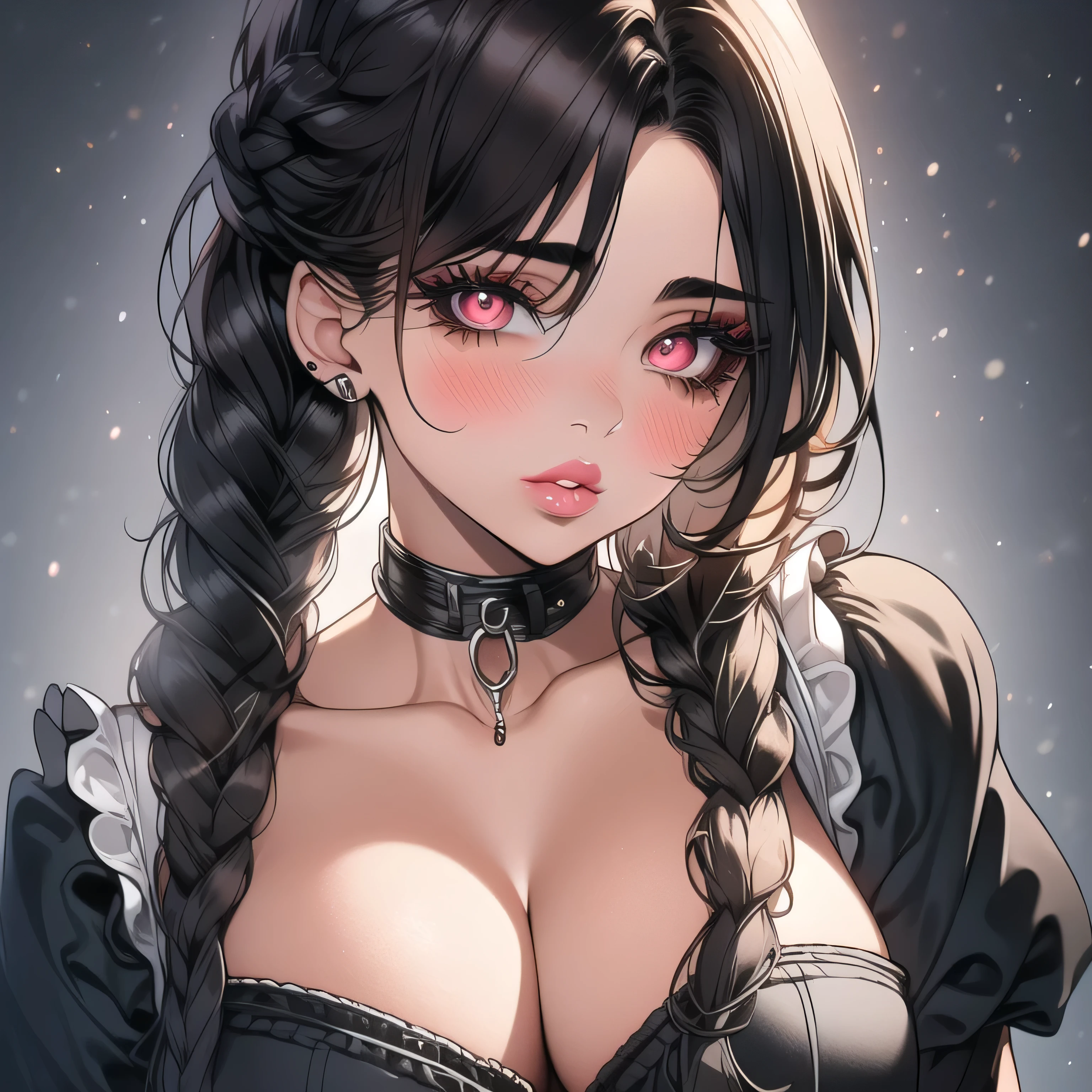 1girl, , portrait, (cleavage), (large breasts), (((thick lips))), ((((lip gloss)))), long dark brown hair, braided bangs, large grey eyes, eyeshadow, (((blush))), eyelashes, huge eyes, ((mascara)), thick arched eyebrows
